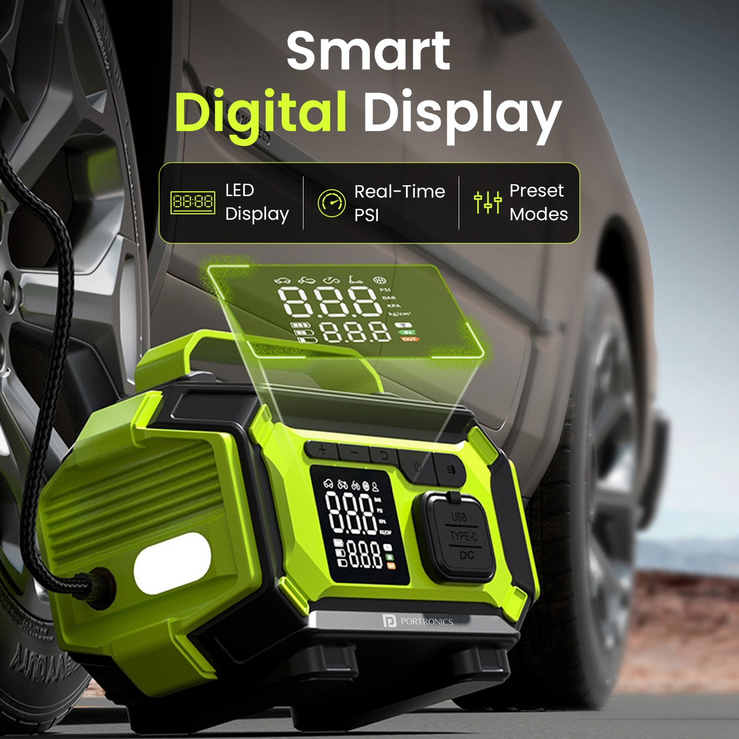 portronics vayu airpro smart digital display tyre inflator | digital tyre inflator with large led display showing real-time pressure and preset modes | auto shut-off inflator with smart digital screen for precise tyre inflation | best digital tyre inflator with smart led display