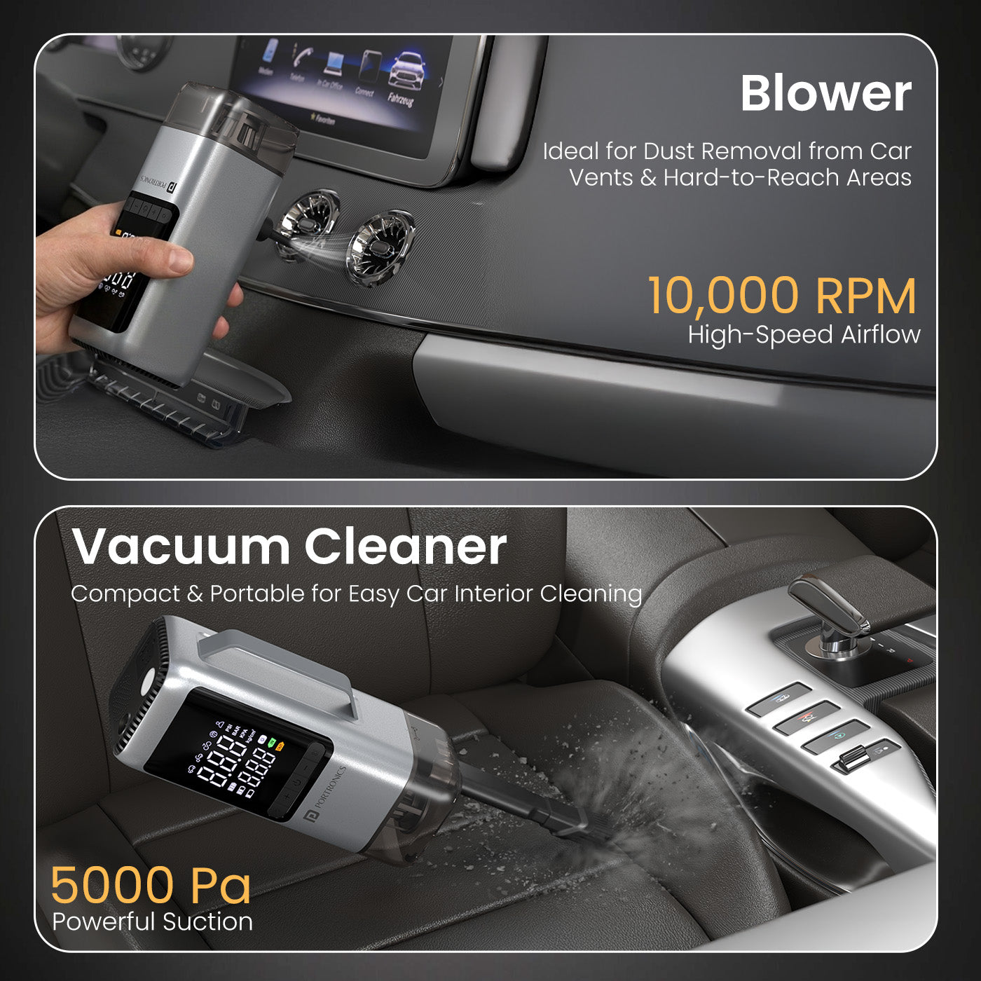 portronics vayu cop 10000 rpm air blower for car ac vents and 5000pa vacuum cleaner for car interior – compact portable air pump and blower for car with high-speed airflow and powerful suction
