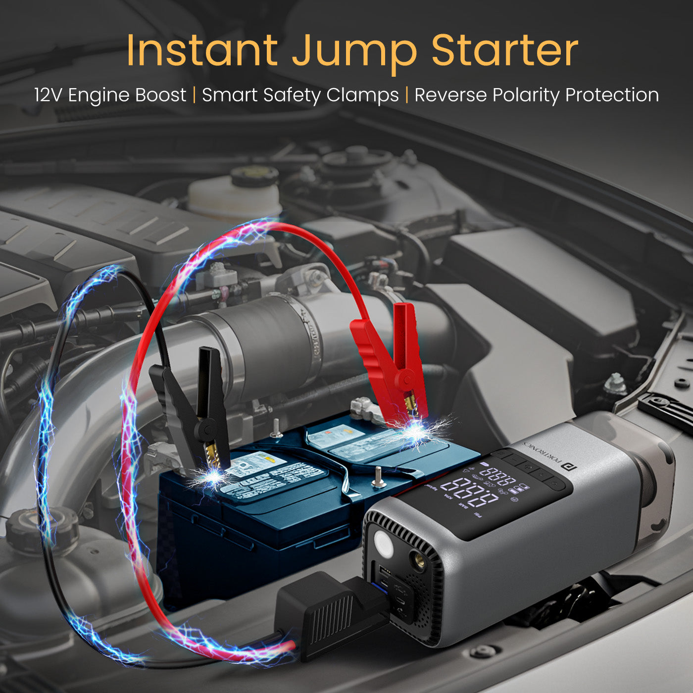portronics vayu cop 12v jump starter with smart safety clamps connected to a car battery – reliable portable air pump and emergency car accessories online with reverse polarity protection