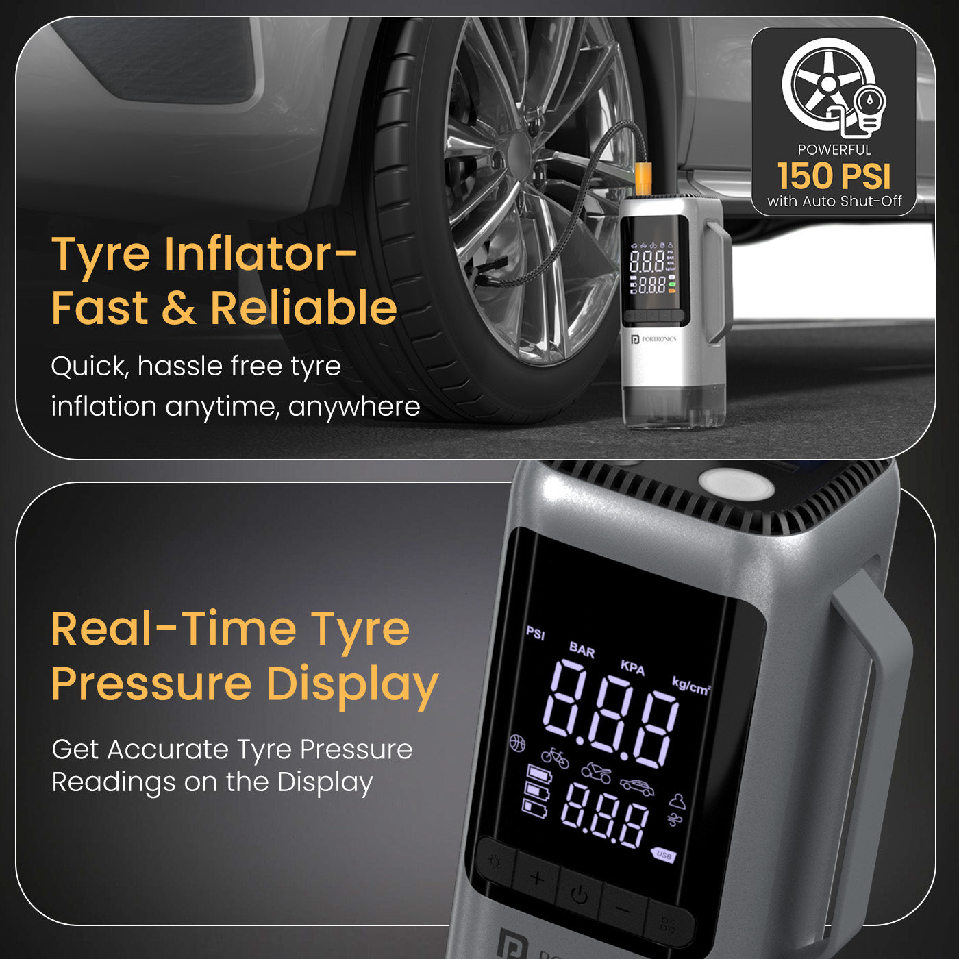 portronics vayu cop 150 psi wireless tyre inflator for car and bike with real-time digital psi bar kpa pressure display and auto shut-off – best portable tyre inflator for cars and suvs in india