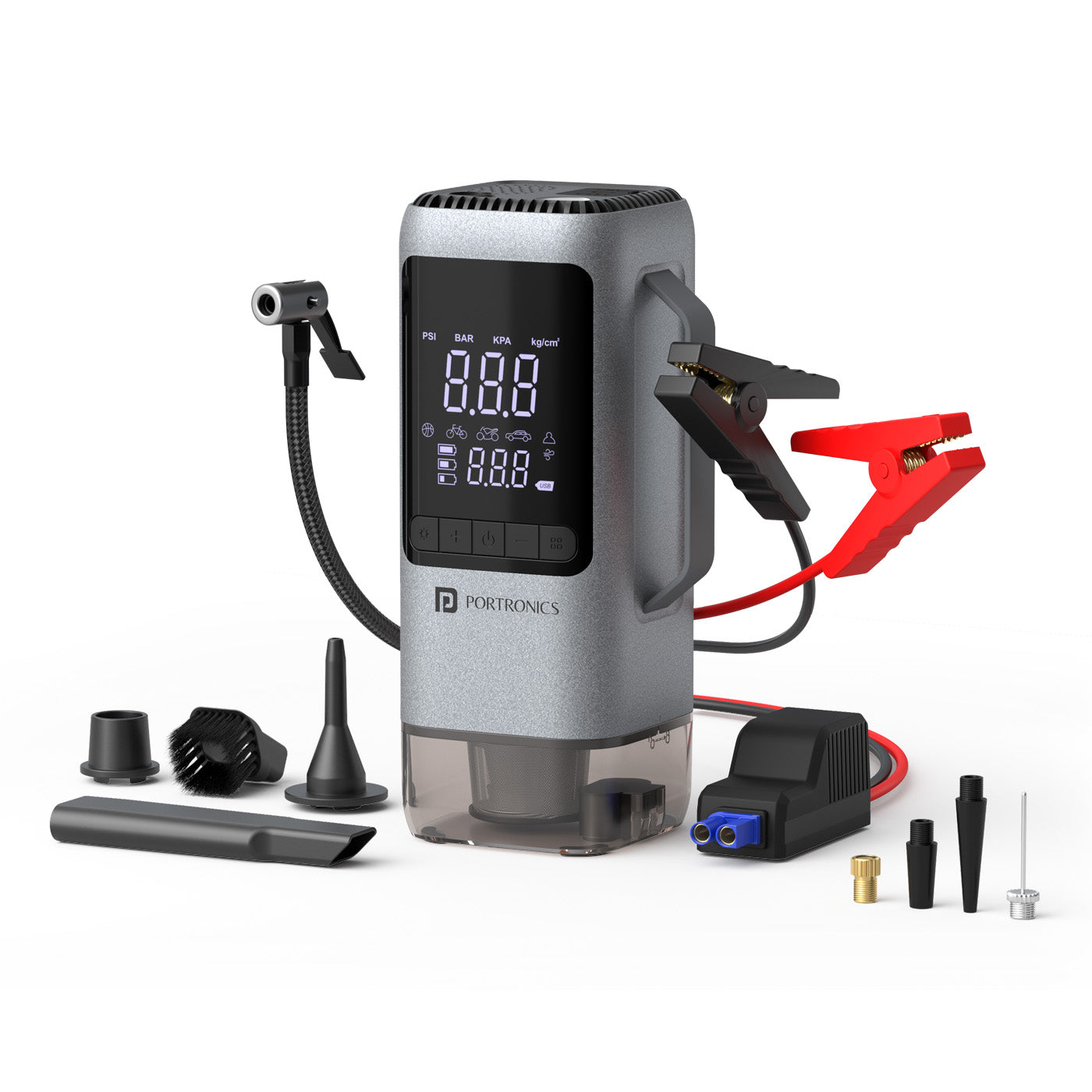 portronics vayu cop 6-in-1 portable rechargeable car inflator with jump starter clamps, tyre inflator hose, vacuum nozzle, and adapter tips – best tyre inflator for car and bike in india