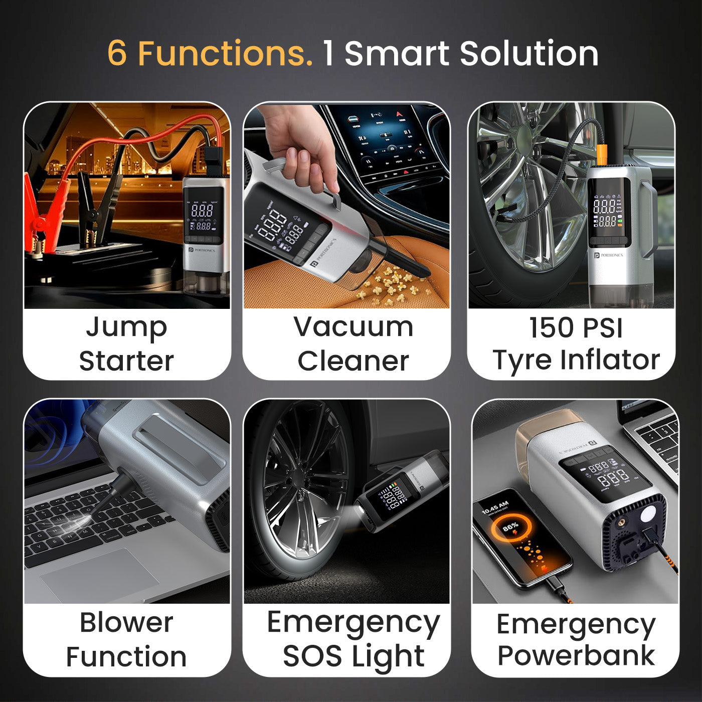 portronics vayu cop vayu 6-in-1 car emergency utility station – 150 psi tyre inflator for car and bike, 12v jump starter, air blower, vacuum cleaner, emergency sos flashlight, and power bank – best portable tyre inflator and car accessories online in india