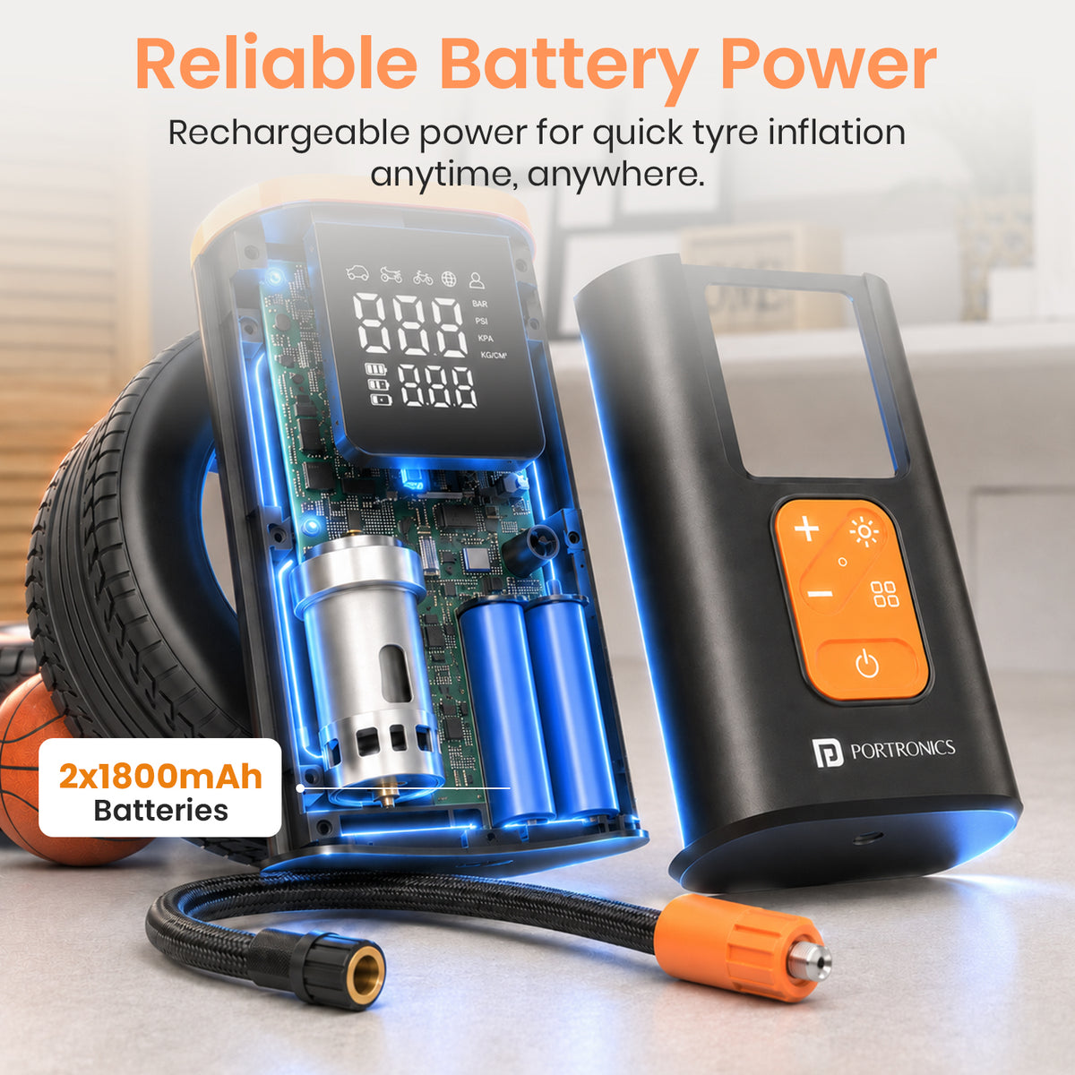 portronics vayu core rechargeable tyre inflator | dual 1800mah rechargeable batteries with heavy duty cylinder motor | cordless emergency tyre top ups anywhere | best rechargeable air pump for bike