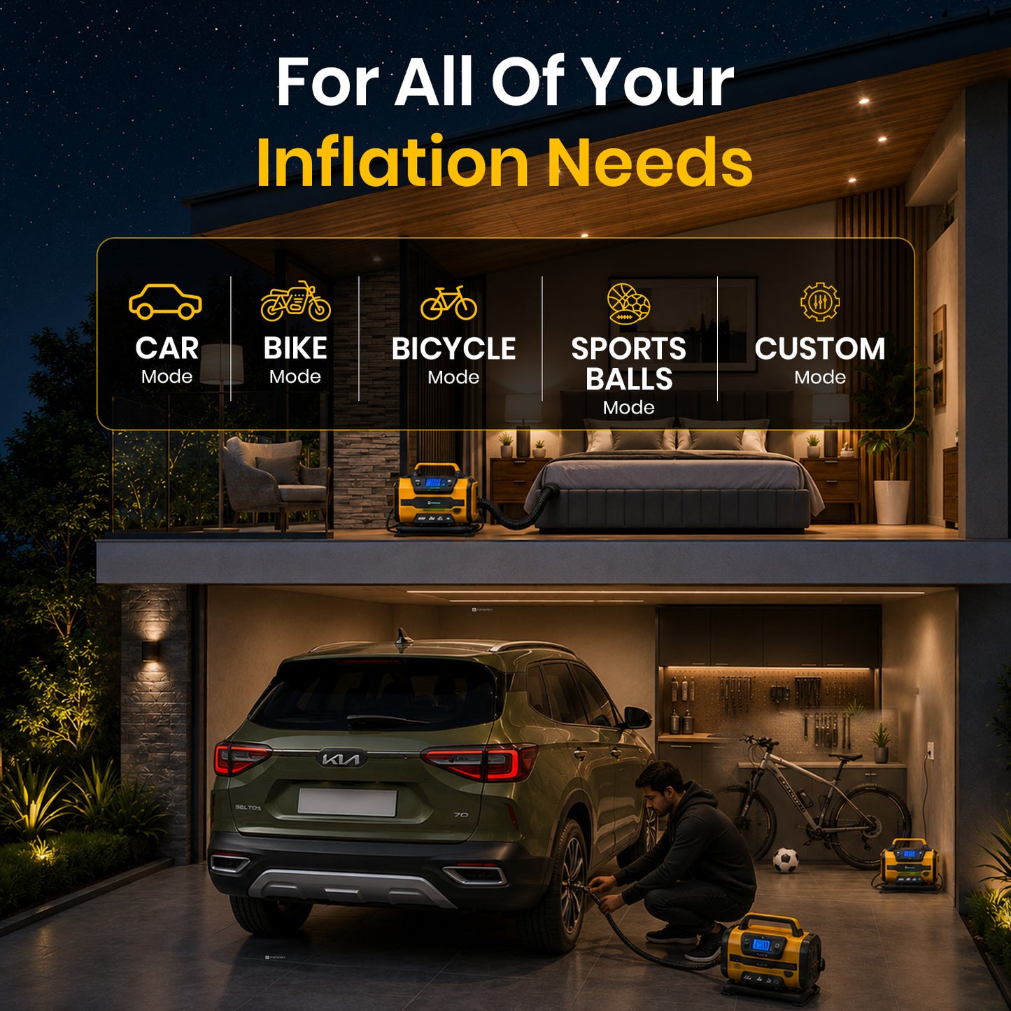 portronics vayu hybrid multi-mode tyre inflator for car bike bicycle and sports balls | 4-in-1 air pump with dedicated preset modes for hassle-free inflation | portable air compressor with multiple inflation modes for every tyre type | best multi-function tyre inflator for car and bike with preset modes