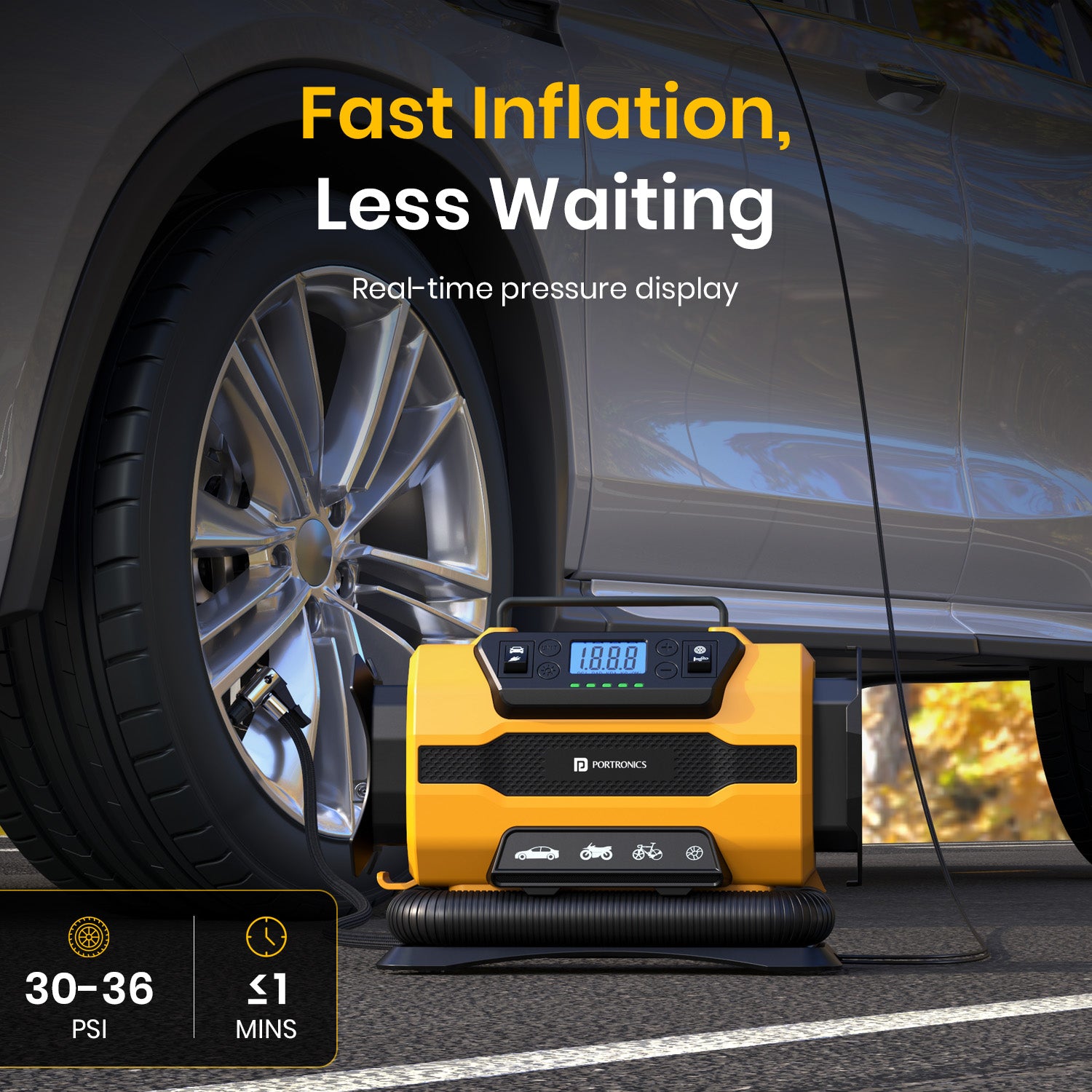 portronics vayu hybrid fast inflation tyre inflator with real-time pressure display | 150 psi dual motor inflator for quick and accurate car tyre inflation | digital tyre inflator for car with fast inflation and preset pressure modes | best 150 psi tyre inflator for car and bike in india