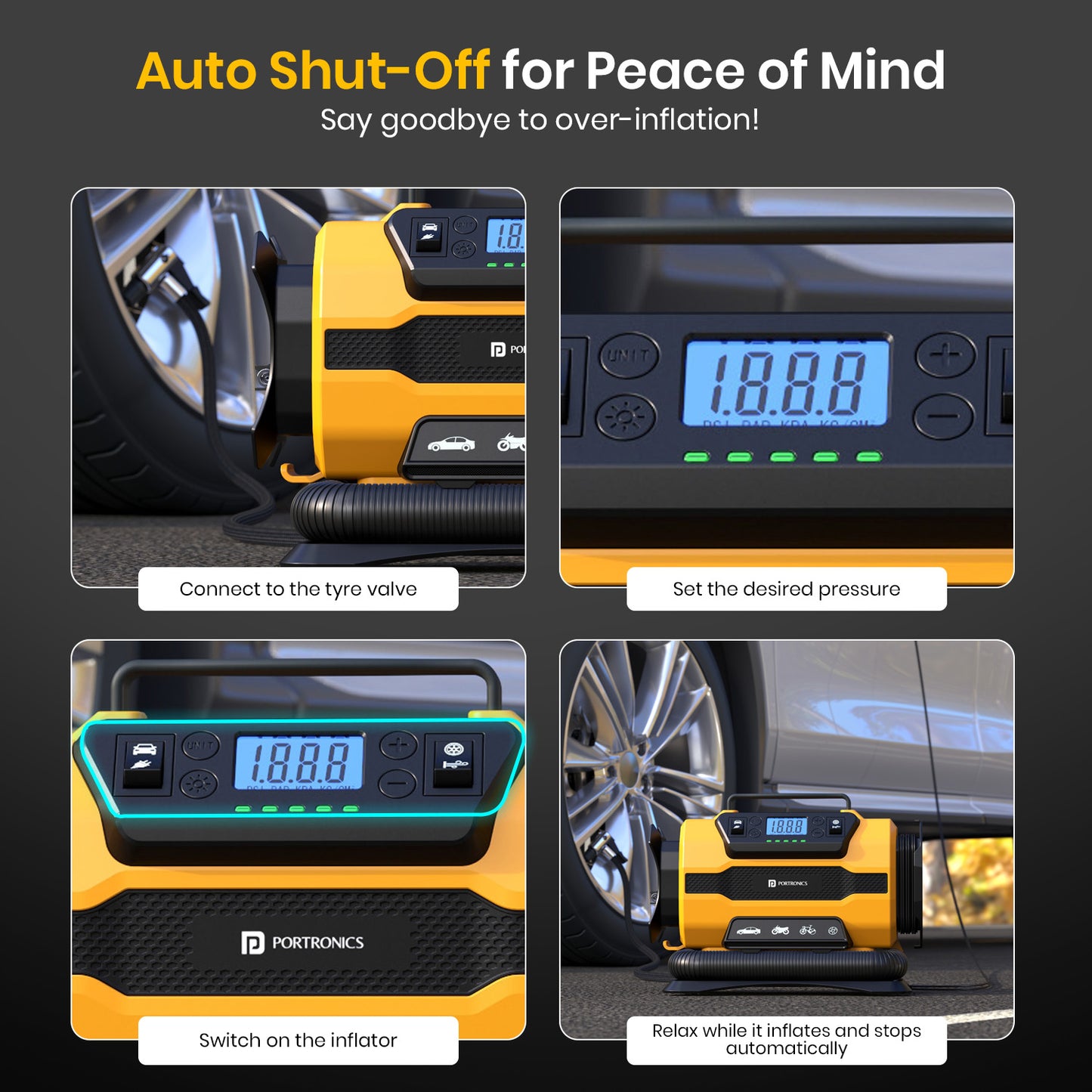 portronics vayu hybrid auto shut-off tyre inflator for accurate worry-free inflation | digital tyre inflator with auto stop function at preset pressure level | electric air pump with smart auto shut-off for car motorcycle and bicycle tyres | best auto shut-off tyre inflator for car and bike online