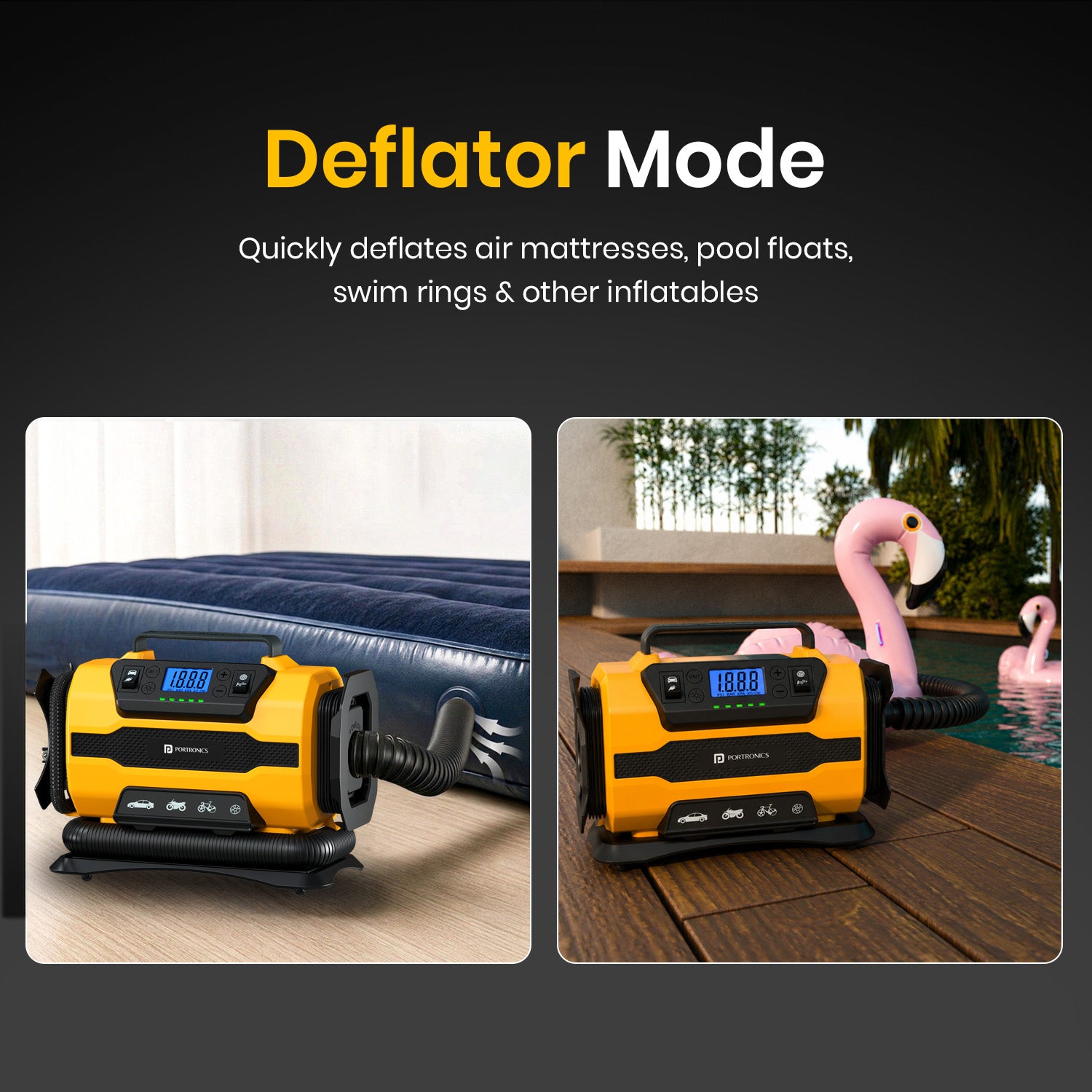 portronics vayu hybrid deflator mode air pump for mattresses pools and inflatables | 4-in-1 inflate and deflate pump for air mattresses inflatable boats and vacuum bags | portable multi-function air pump with deflation mode for travel and camping | best inflate and deflate pump for air mattresses and inflatables