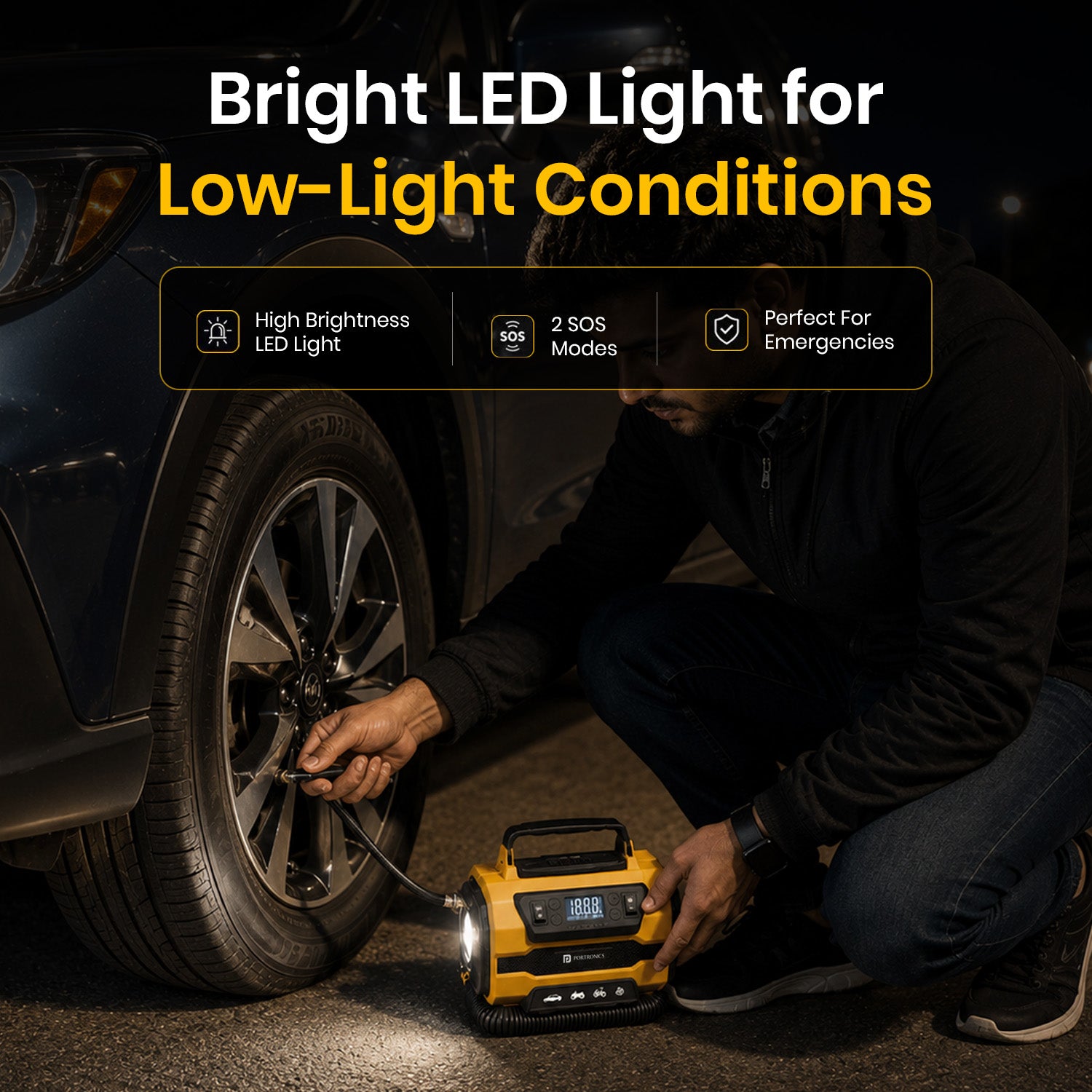 portronics vayu hybrid led emergency light tyre inflator for low-light use | built-in led light with sos flashing mode for roadside emergency inflation | portable tyre inflator with led safety light for night-time tyre repair | best tyre inflator with sos light for roadside emergencies