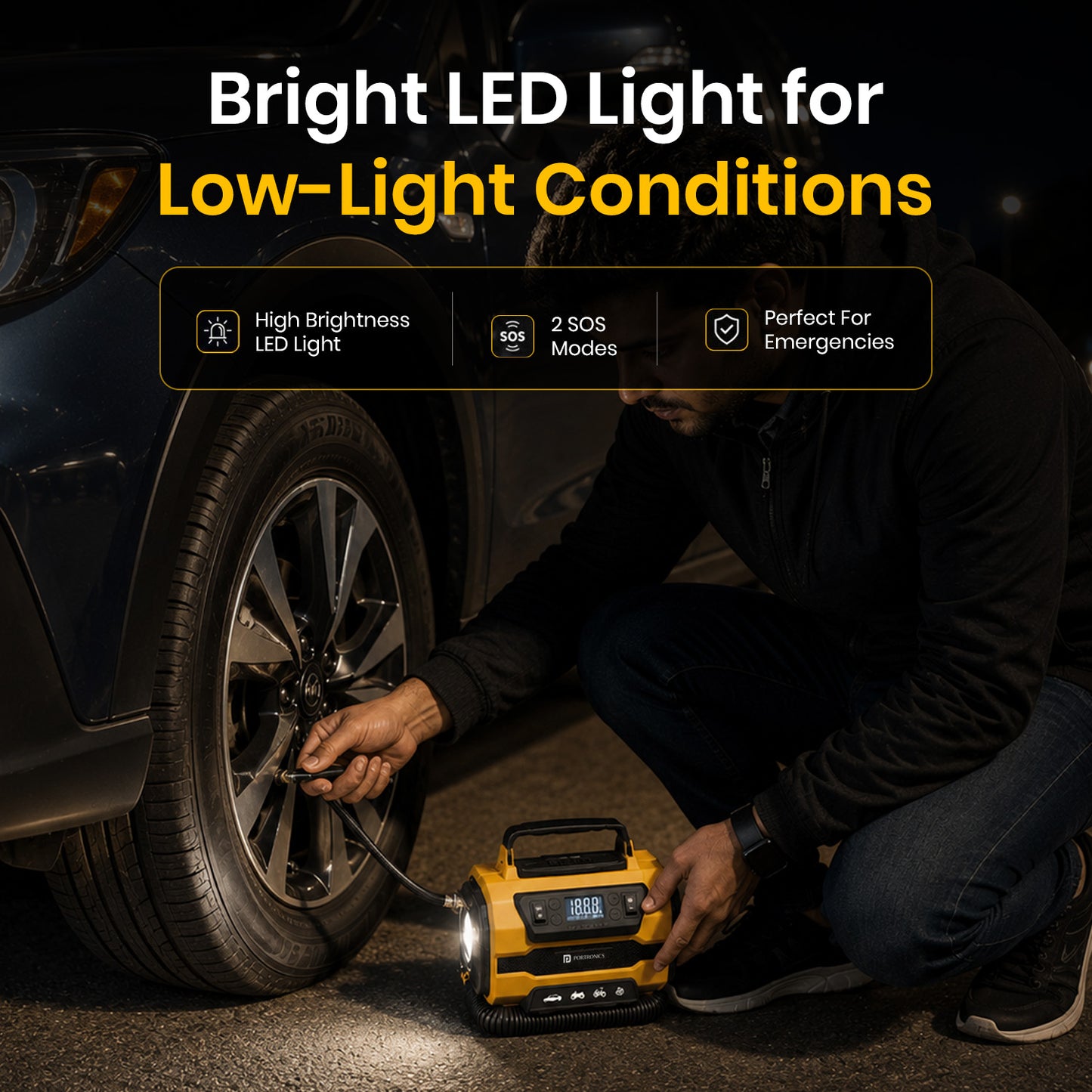 portronics vayu hybrid led emergency light tyre inflator for low-light use | built-in led light with sos flashing mode for roadside emergency inflation | portable tyre inflator with led safety light for night-time tyre repair | best tyre inflator with sos light for roadside emergencies