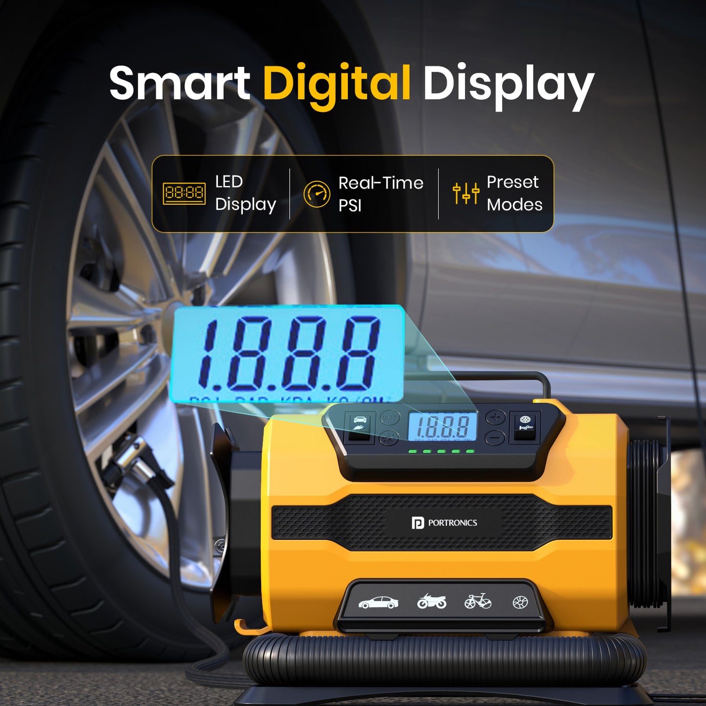 portronics vayu hybrid smart digital display tyre inflator for accurate pressure reading | digital pressure gauge air compressor with real-time psi monitoring for car tyres | electric air pump with smart digital display for car motorcycle and bicycle | best digital tyre inflator with pressure gauge for car and bike