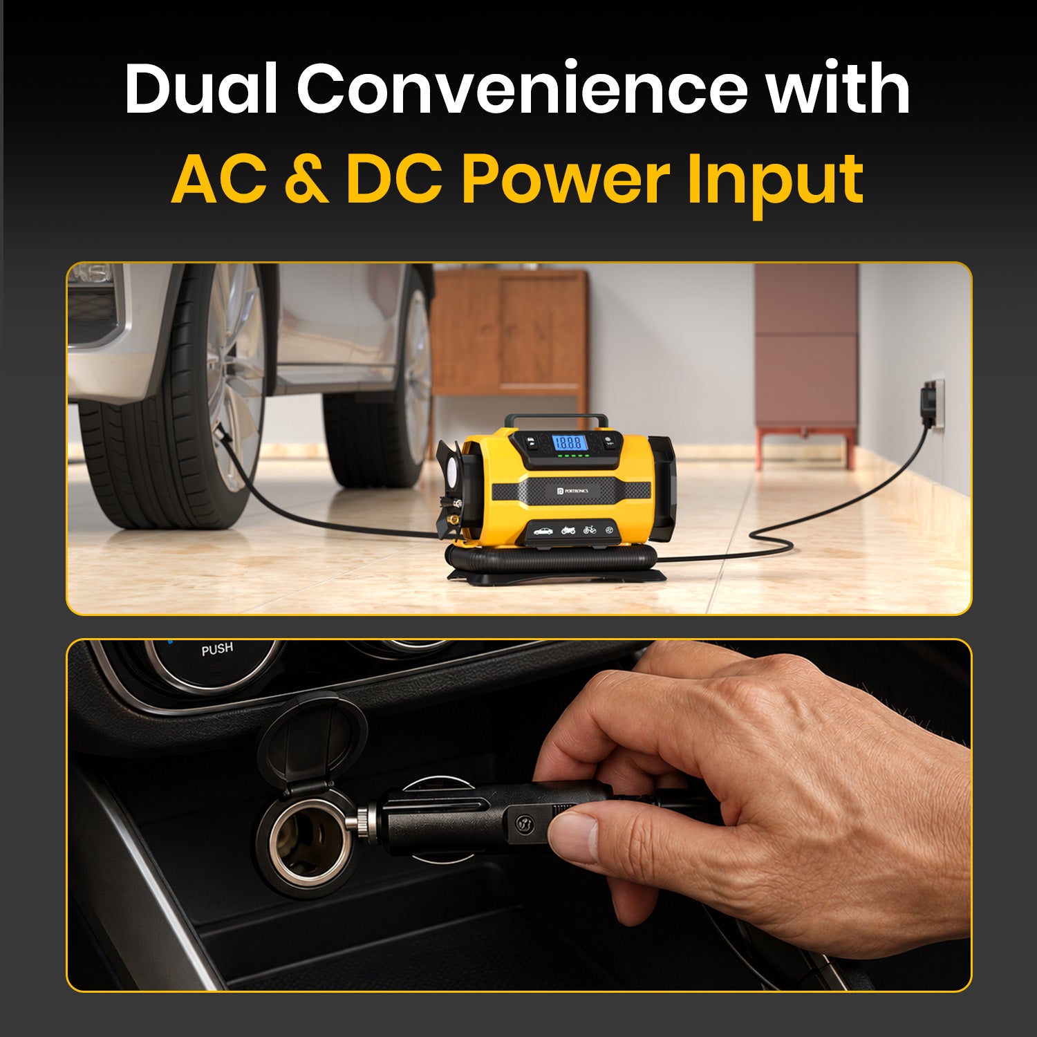 portronics vayu hybrid dual power input tyre inflator with ac outlet and 12v dc car socket | ac and 12v car plug air compressor for home garage and roadside use | dual power portable tyre inflator for car and bike with flexible power options | best ac and 12v tyre inflator for car and bike in india