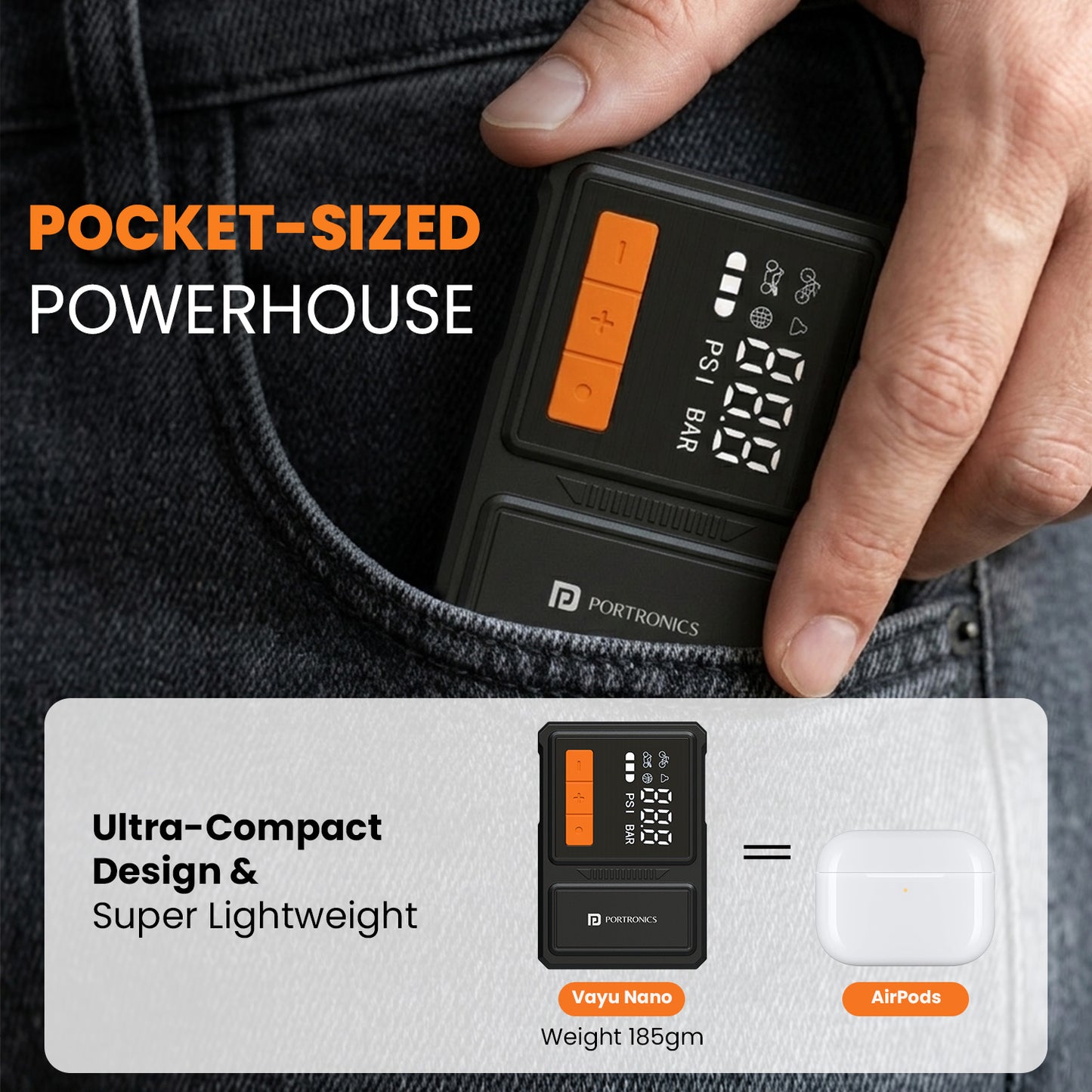 portronics vayu nano mini tyre inflator for two-wheelers | pocket-sized 185gm compact design fitting in jeans pocket smaller than airpods case | portable air pump for bike ideal for daily commute riding gear and travel emergencies | best portable tyre inflator for bike