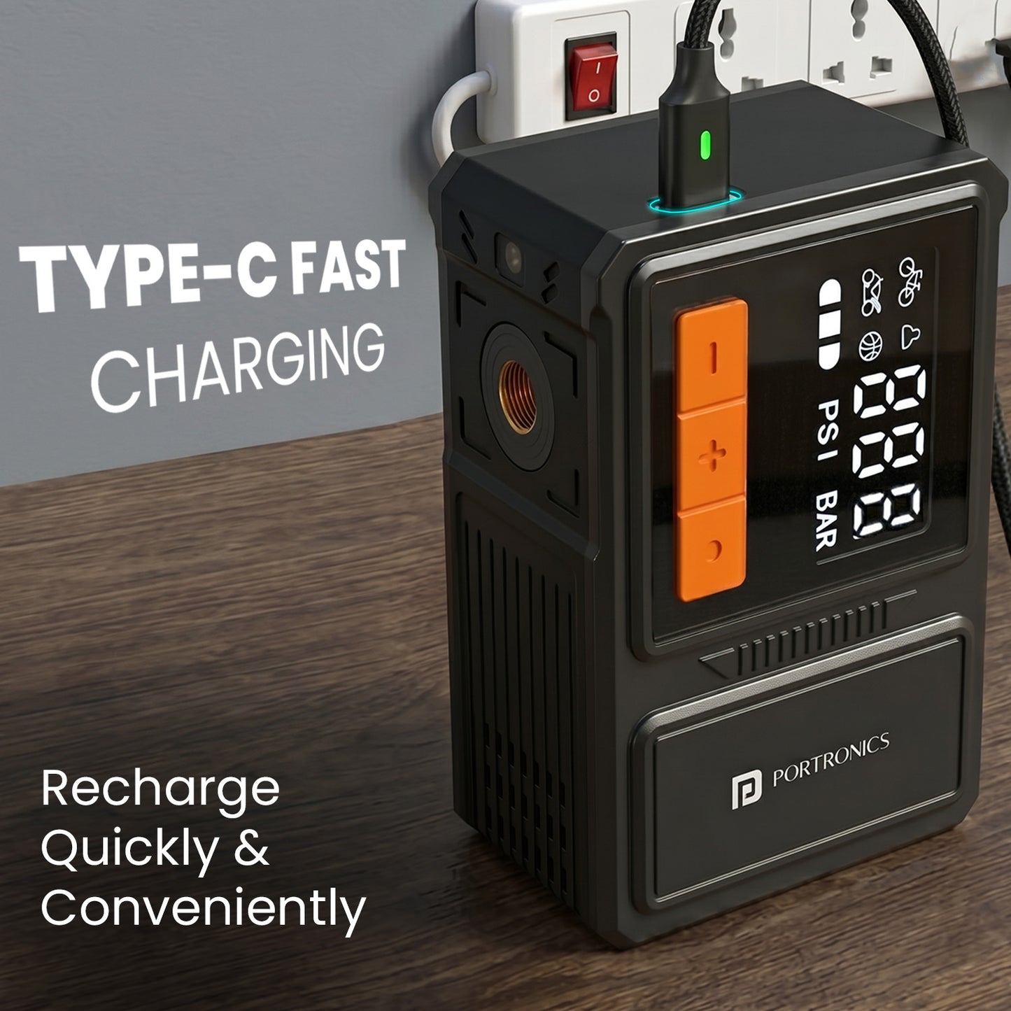 portronics vayu nano portable tyre inflator for car and bike | type-c fast charging for quick recharge anytime at home office or on the road | usb air pump for bike and tyre inflator portronics with convenient recharging anywhere | rechargeable air pump tyre inflator online