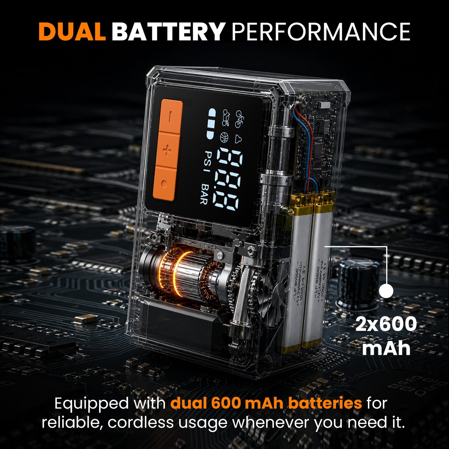 portronics vayu nano rechargeable air pump | dual 600mah battery performance for reliable cordless operation without interruption | wireless tyre inflator and portable air pump for bike and two-wheelers with long-lasting battery backup | best tyre inflator for suv in india