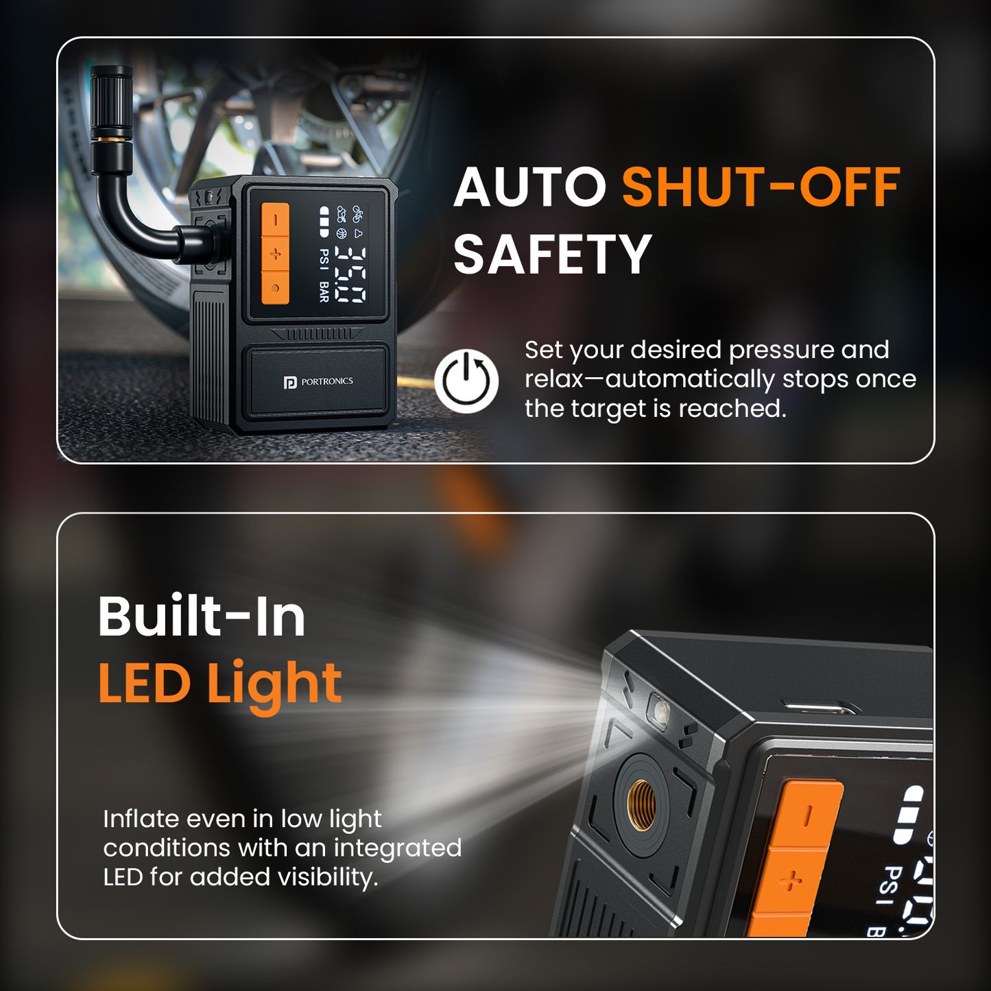 portronics vayu nano tyre inflator | auto shut-off safety that stops inflation once target pressure is reached and built-in led light for low-light and emergency roadside use | portable air pump and air inflator for bike with precision pressure control | best tyre inflator for car and bike in india