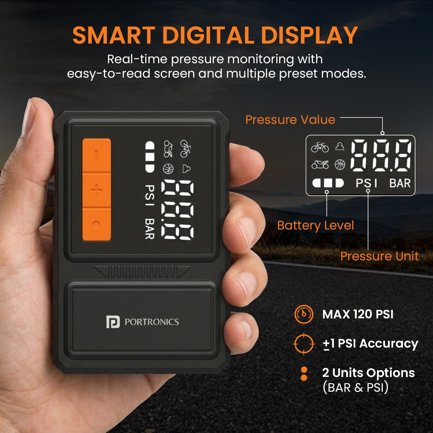 portronics vayu nano vayu tyre inflator | smart digital display with real-time pressure monitoring in psi and bar units max 120 psi accuracy and battery level indicator | best tyre inflator with digital display for two-wheelers car accessories and air inflator for bike | tyre inflator portronics