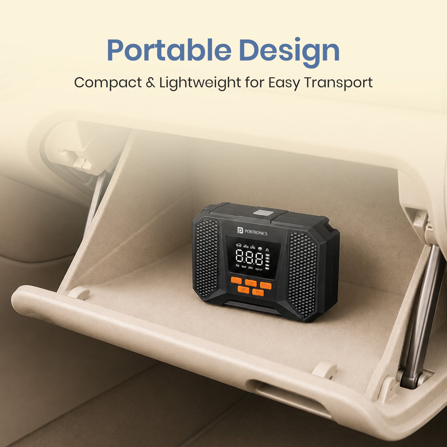 portronics vayu neo portable tyre inflator for cars | compact lightweight travel body mini tyre inflator | glove box glove compartment storage car accessories online | portable air pump best tyre inflator for long road trips in india