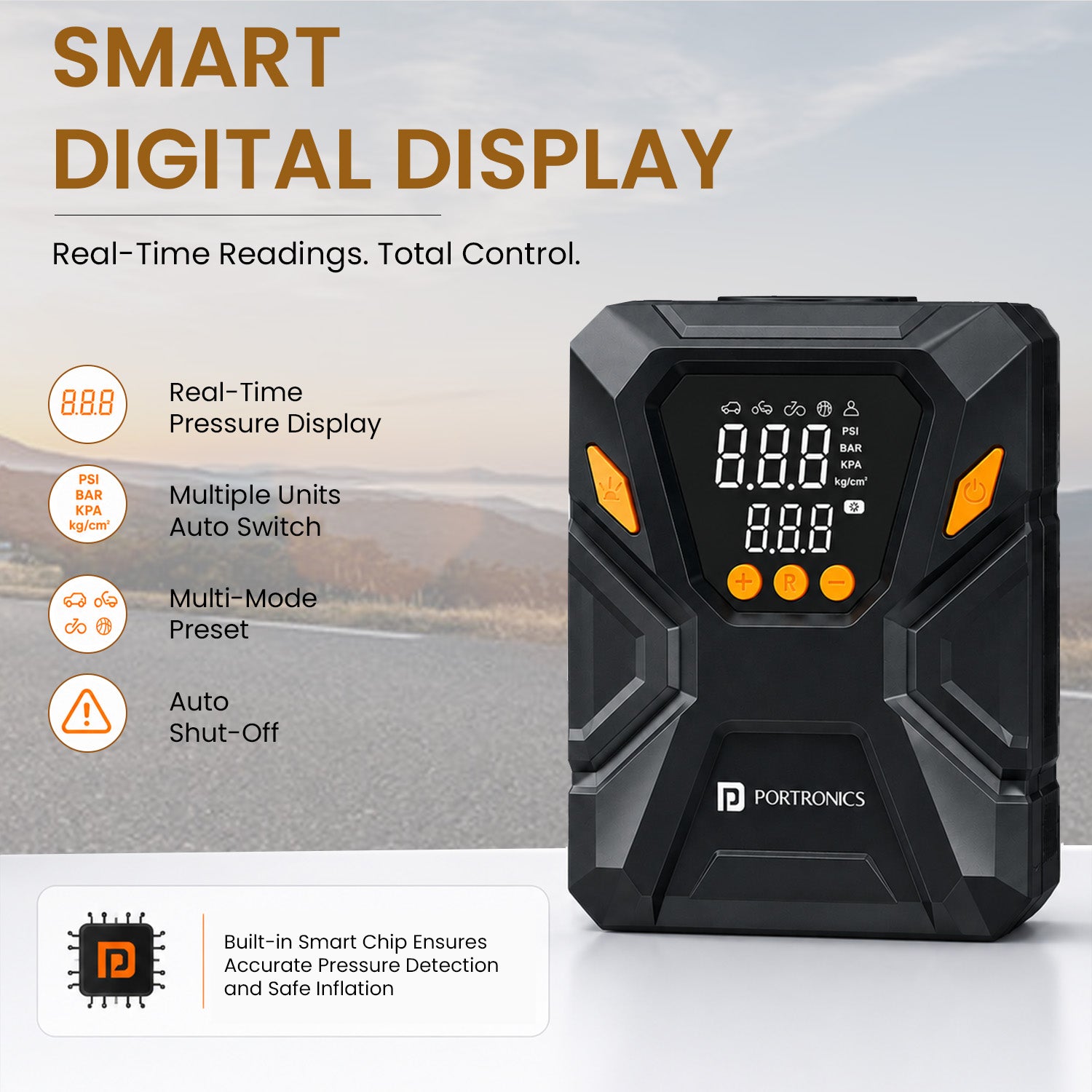 portronics vayu swift smart digital display tyre inflator with led emergency sos light | electric air pump with bright digital pressure gauge and sos flashing mode for roadside safety | 12v tyre inflator with real-time pressure monitoring and integrated led emergency light | best corded tyre inflator with digital display and sos light for car and bike