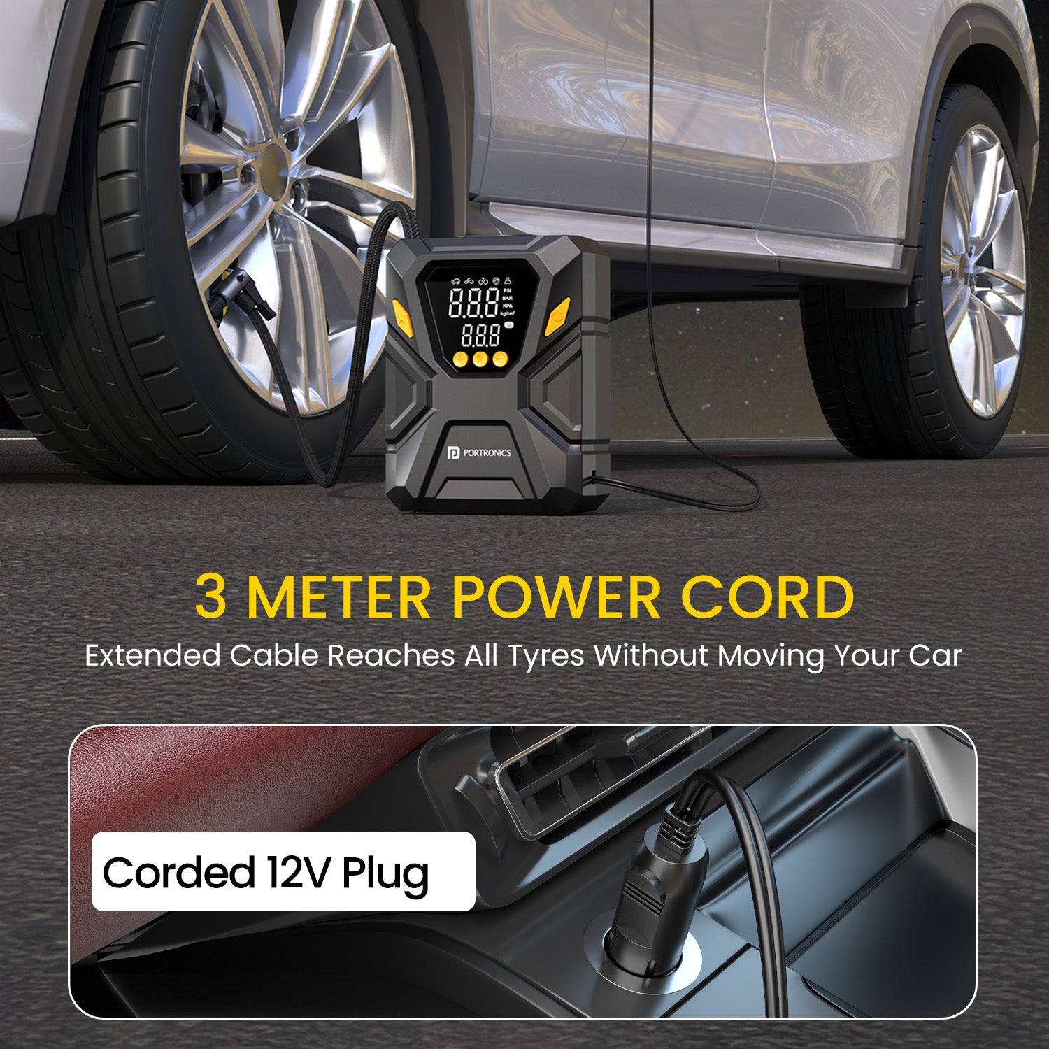 portronics vayu swift 3 metre power cord tyre inflator with corded 12v car plug | long cable corded tyre inflator for reaching all tyres without repositioning the device | 12v car tyre inflator with 3m extended cord for easy roadside and garage use | best corded tyre inflator with long power cord for car and bike