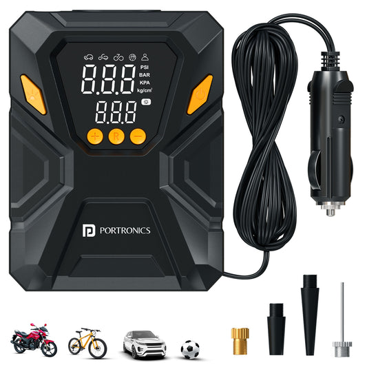 portronics vayu swift corded tyre inflator with 12v car plug and multi-functional nozzles | digital tyre inflator for car motorcycle bicycle and sports balls with nozzle adapters | 12v tyre inflator with led emergency light and preset inflation modes | best corded tyre inflator for car and bike in india