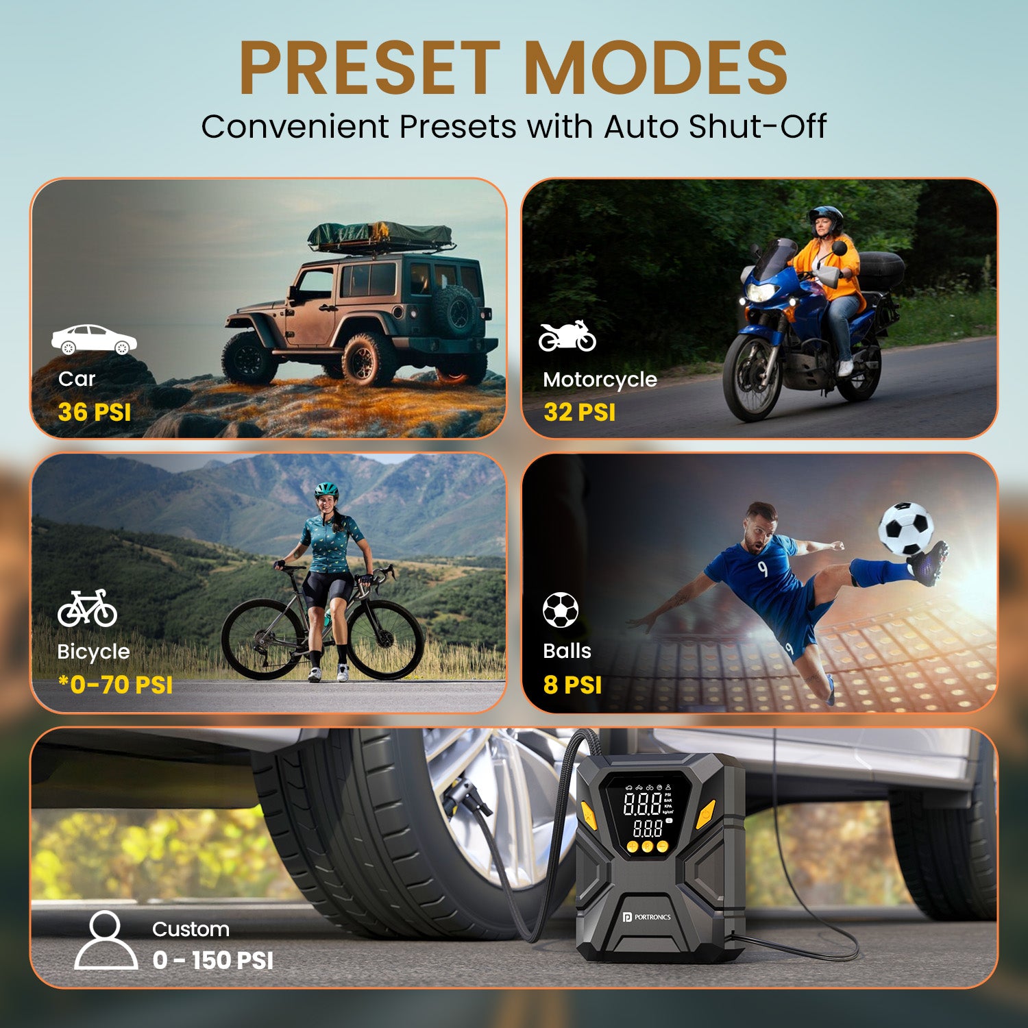 portronics vayu swift preset inflation modes with auto shut-off for cars motorcycles and bicycles | digital tyre inflator with convenient preset modes for accurate and hassle-free inflation | corded car tyre inflator with multiple preset settings for different vehicles | best digital tyre inflator with preset modes for car and bike