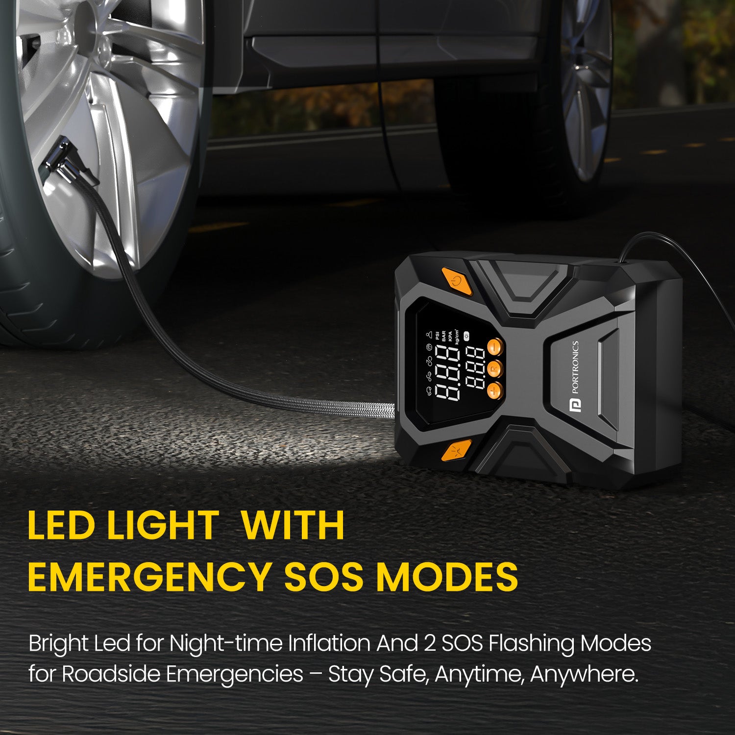 portronics vayu swift auto shut-off tyre inflator with multi-functional nozzle set | electric air pump with automatic pressure cut-off and versatile nozzle adapters for all inflatables | corded tyre inflator with auto shut-off and nozzles for bicycles sports balls and toys | best auto shut-off tyre inflator with multi-functional nozzles for car and bike