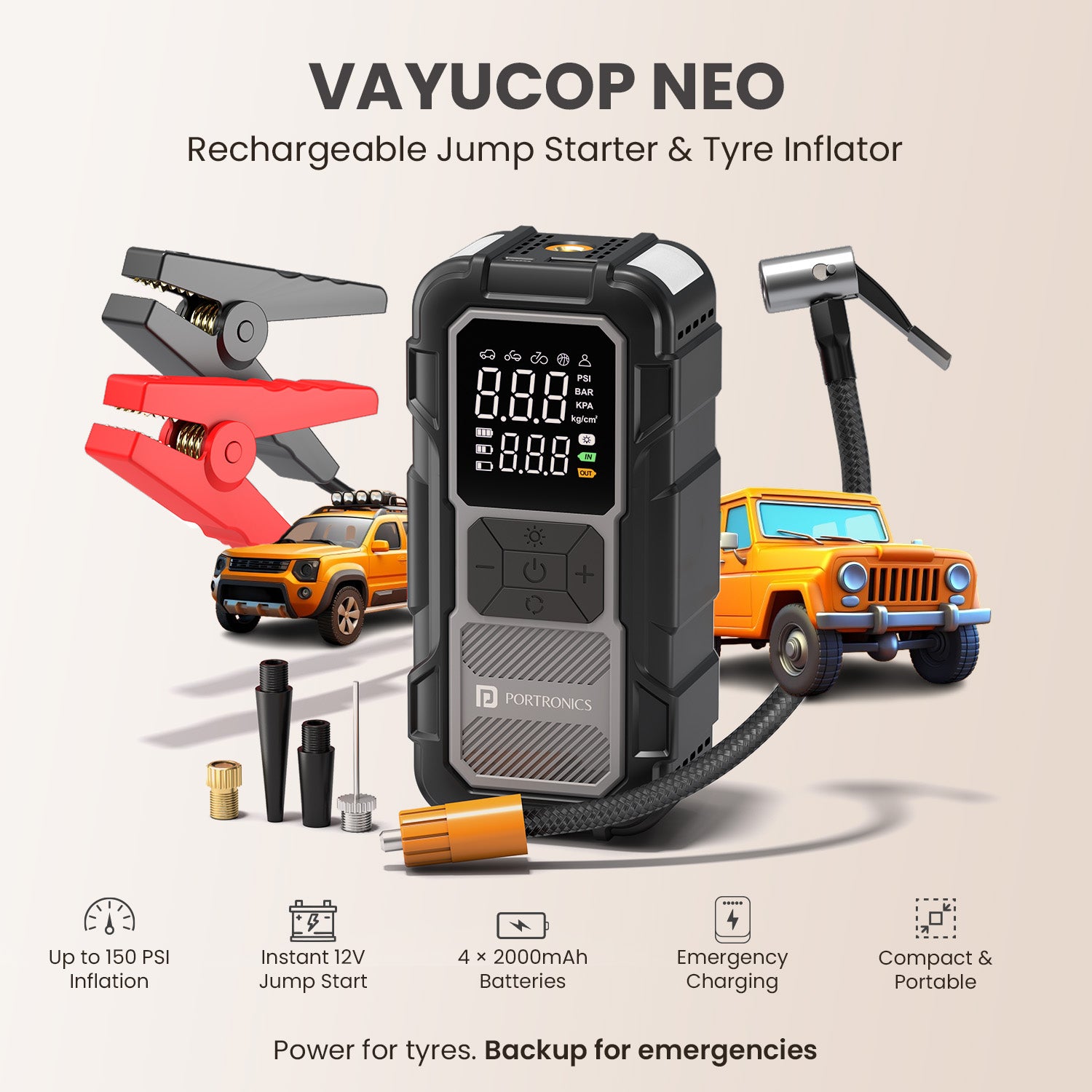 portronics vayucop neo 12v jump starter | instant battery boost function rechargeable jump starter | roadside emergency backup power kit roadside emergency kit | portable car accessories best compact jump starter to keep in car for emergencies
