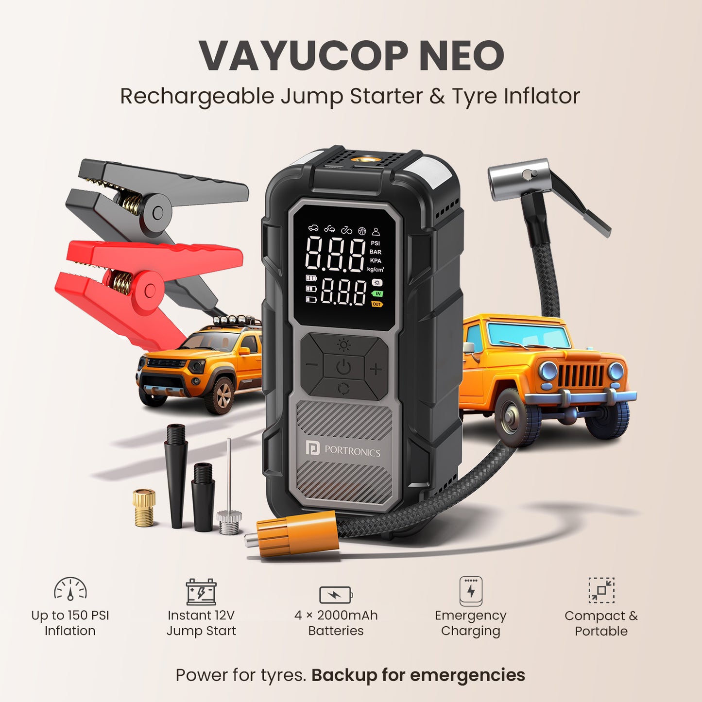 portronics vayucop neo 12v jump starter | instant battery boost function rechargeable jump starter | roadside emergency backup power kit roadside emergency kit | portable car accessories best compact jump starter to keep in car for emergencies
