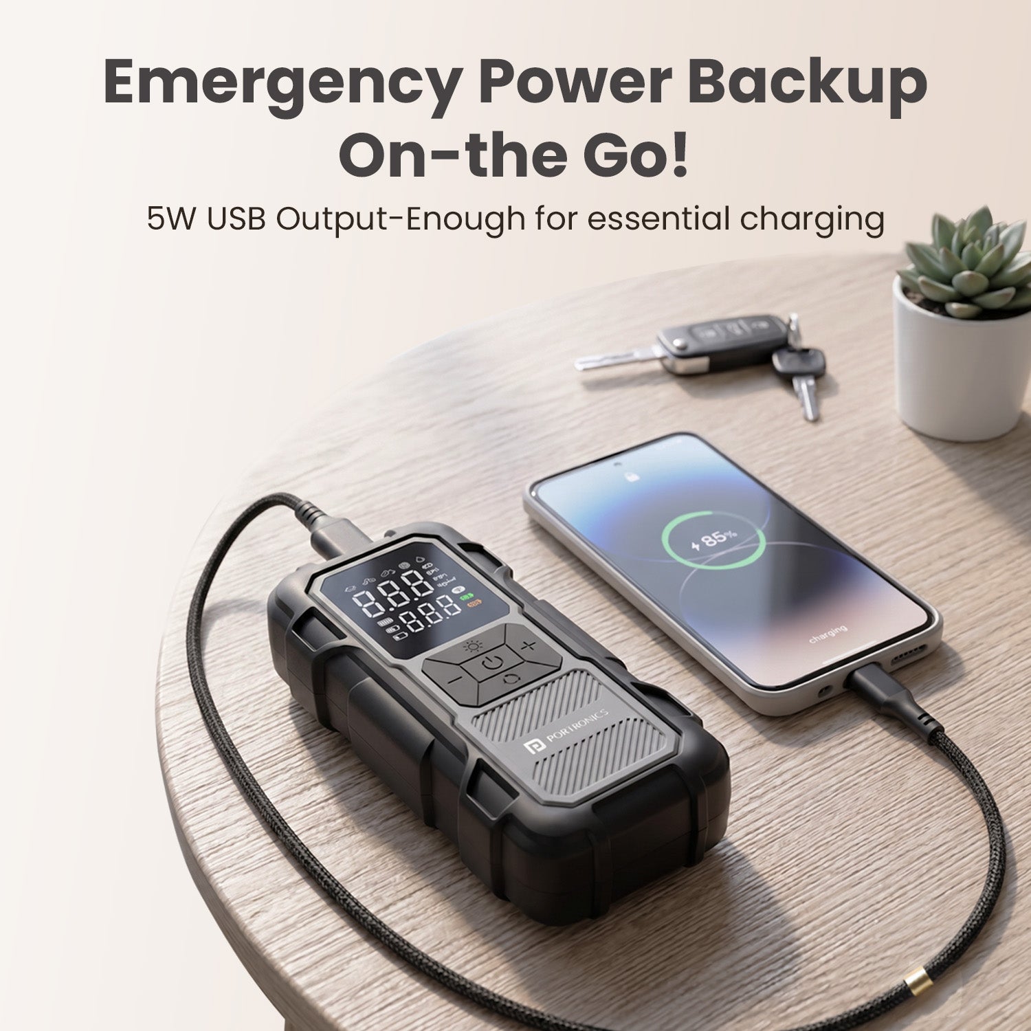 portronics vayucop neo 2-in-1 jump starter | five watt usb power backup output usb emergency charger | roadside smartphone charging battery backup multifunction car tool | portable car battery booster best portable car battery booster for road trips