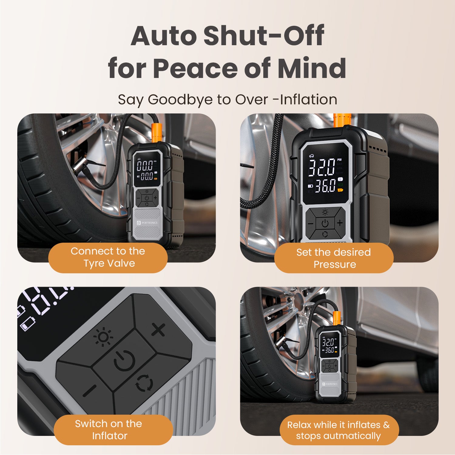 portronics vayucop neo vayu tyre inflator | preset pressure auto cut off auto shut-off inflator | valve connection and inflation monitoring electric air pump | car tyre inflator with auto stop best car tyre inflator with auto stop in india