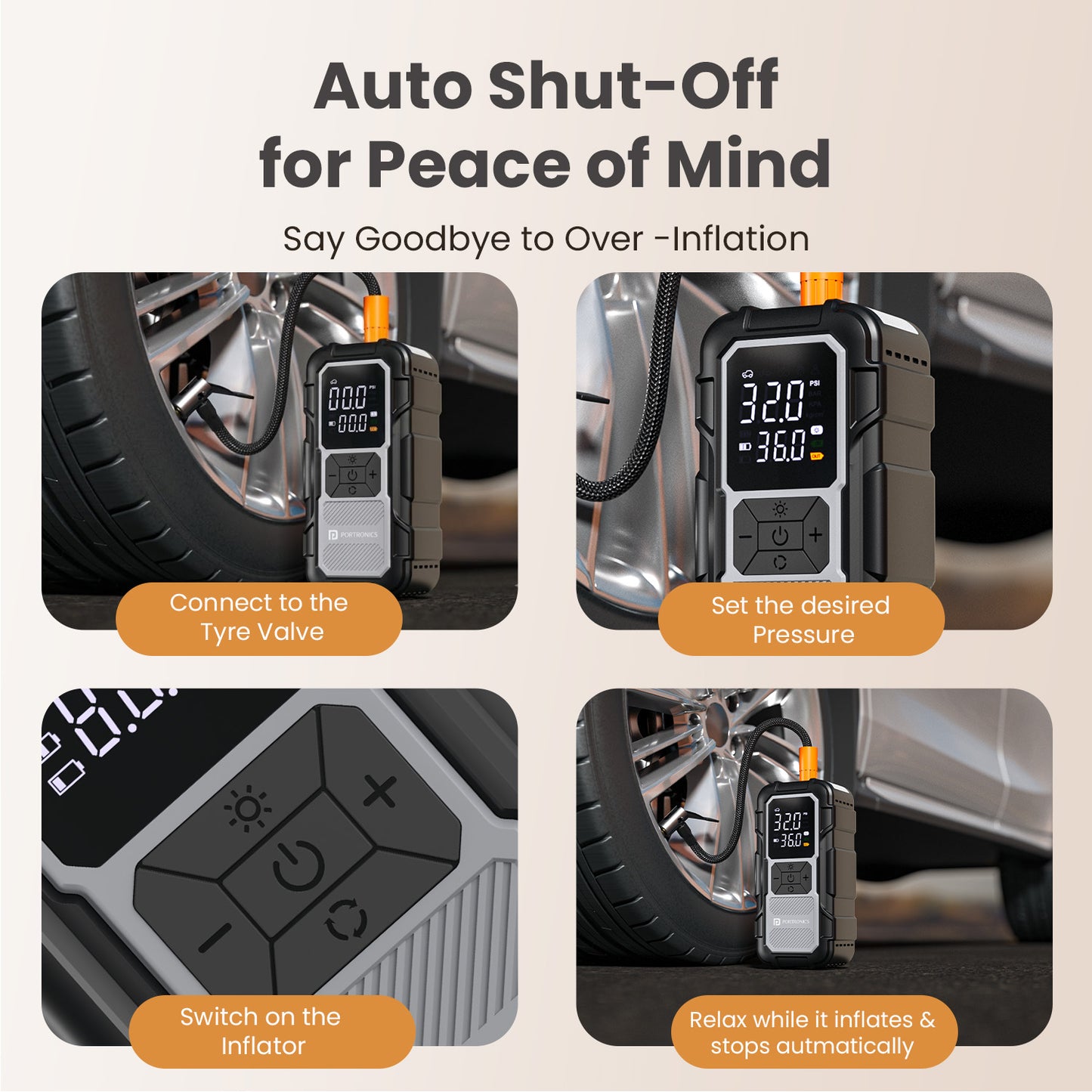 portronics vayucop neo vayu tyre inflator | preset pressure auto cut off auto shut-off inflator | valve connection and inflation monitoring electric air pump | car tyre inflator with auto stop best car tyre inflator with auto stop in india