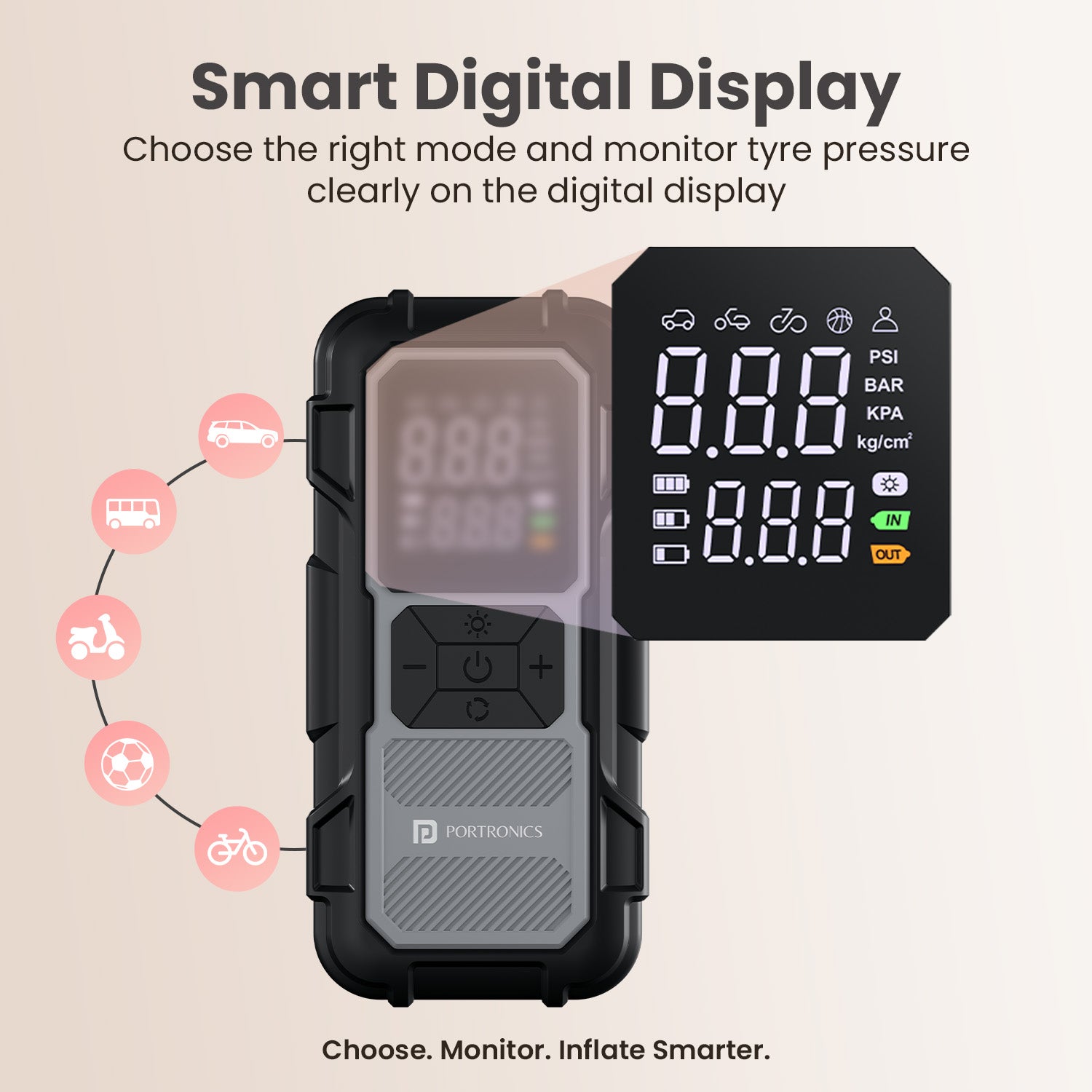 portronics vayucop neo digital tyre inflator | clear mode indicator symbols digital pressure gauge | real time pressure measurement units tyre accessories | tyre inflator for car best digital tyre inflator with pressure gauge in india