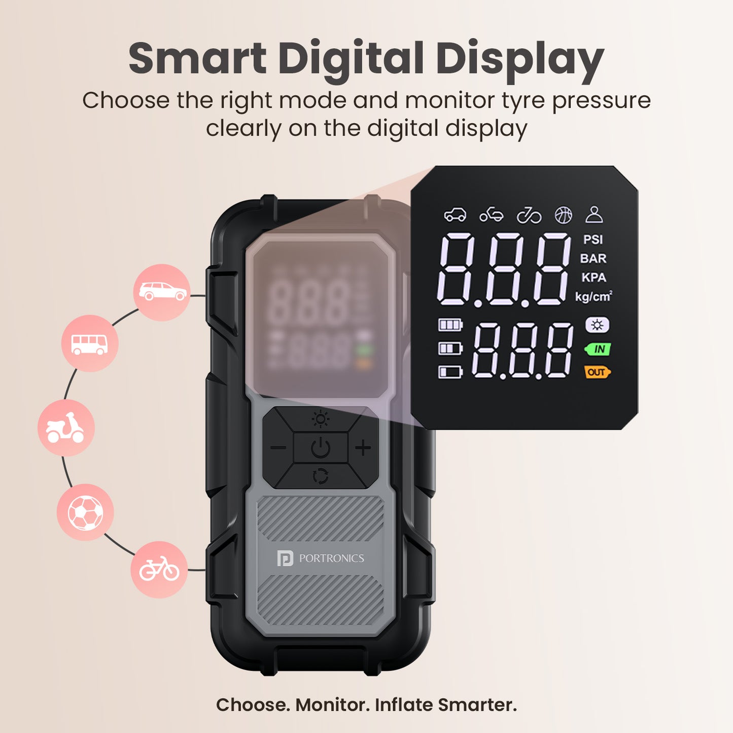portronics vayucop neo digital tyre inflator | clear mode indicator symbols digital pressure gauge | real time pressure measurement units tyre accessories | tyre inflator for car best digital tyre inflator with pressure gauge in india