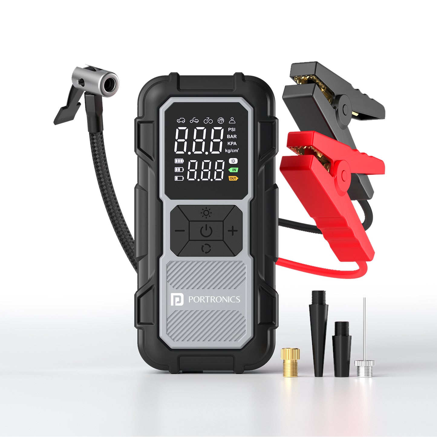 portronics vayucop neo portable tyre inflator | emergency vehicle jumper clamps 2-in-1 jump starter | multi nozzle inflation and jump starting car accessories | car emergency tool best jump starter with tyre inflator for car in india