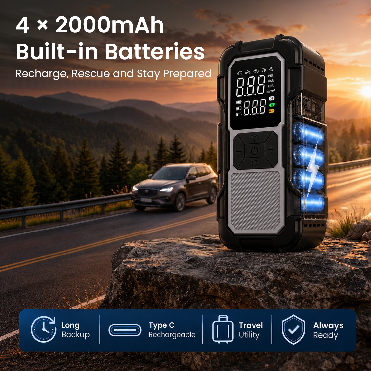 portronics vayucop neo rechargeable tyre inflator | eight thousand milliampere hour capacity 8000mah tyre inflator | long runtime vehicle tyre inflation portable rechargeable car inflator | rechargeable car battery jump starter best rechargeable car battery jump starter in india