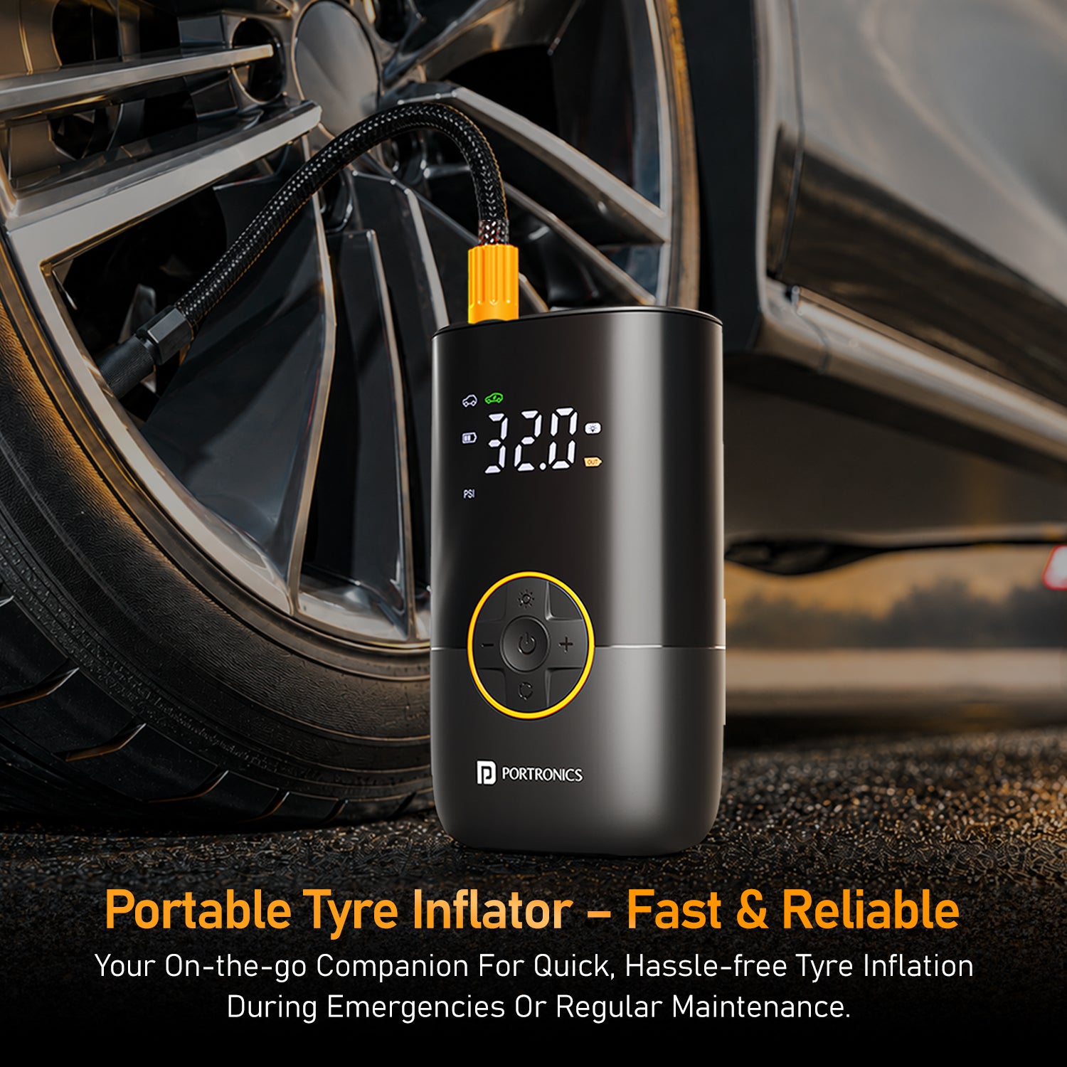 portronics vayugo portable tyre inflator for cars | digital real time tyre pressure detection digital pressure gauge | monitoring tyre pressure during regular maintenance car air pump | how to use a digital tyre inflator on car wheels