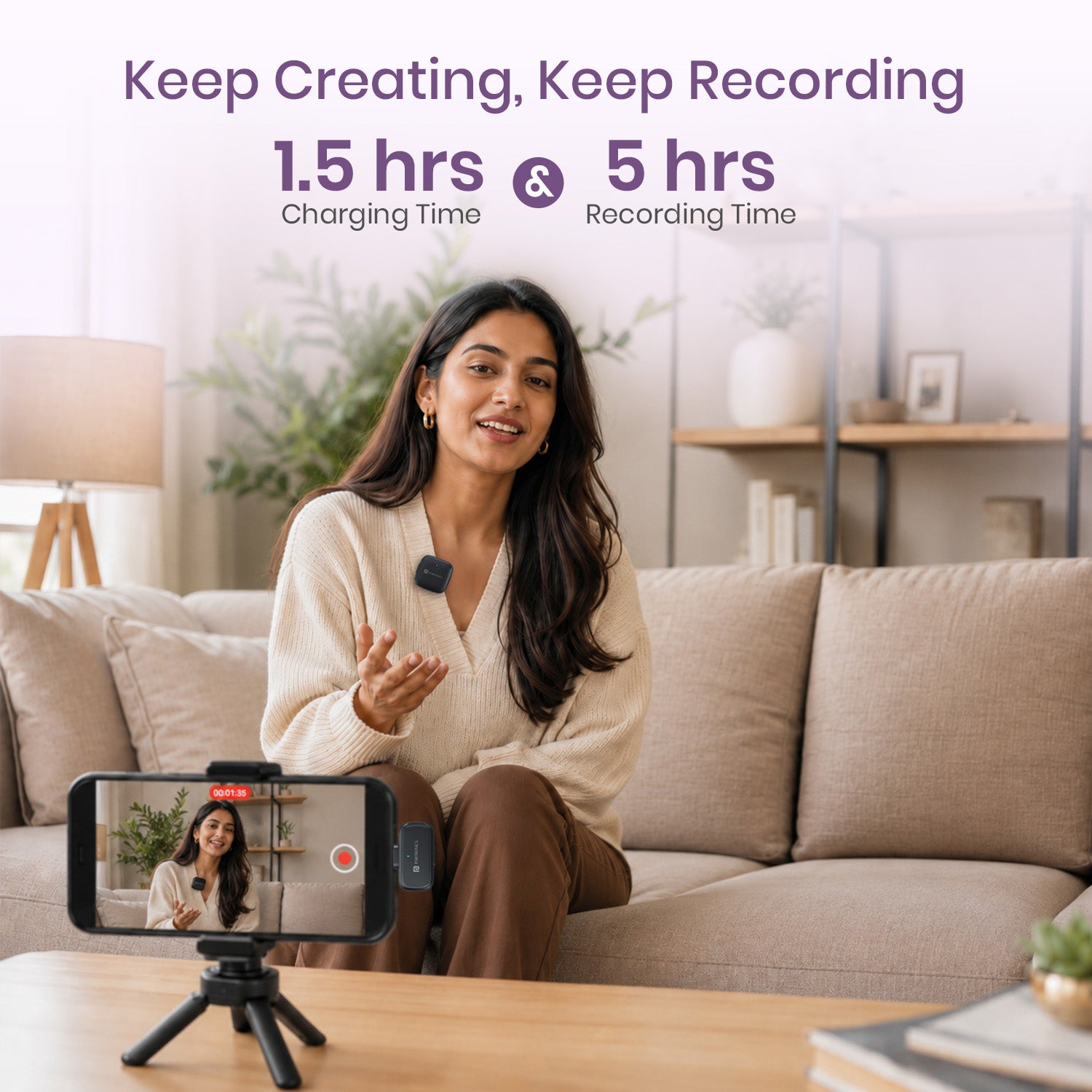 portronics vlogmate c wireless mic for content creation | long lasting rechargeable battery providing five hours of continuous operation from ninety minutes of charging | recording extensive online tutorials podcast episodes and sit down video courses without power interruptions | rechargeable wireless mic for tutorials and online classes