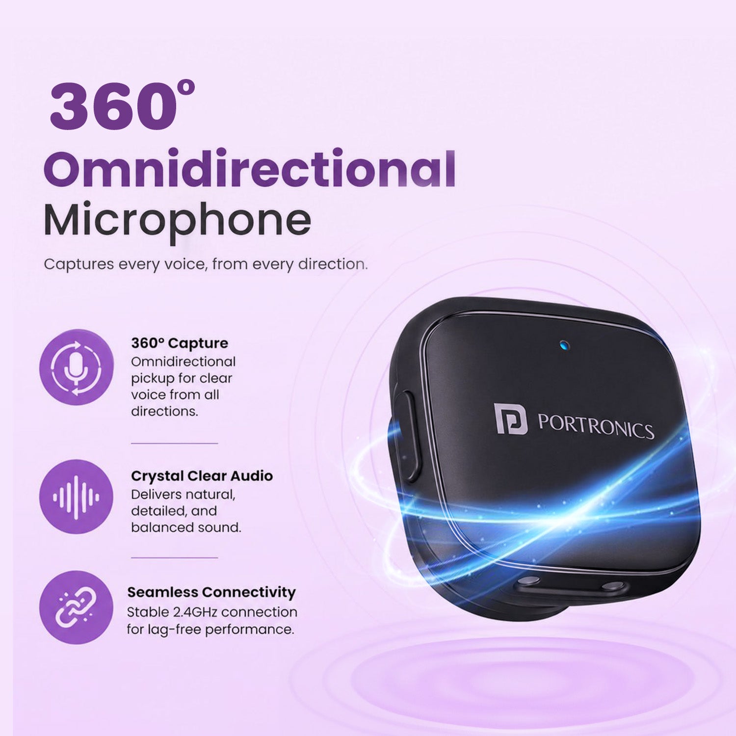 portronics vlogmate c 360 omnidirectional microphone | three hundred sixty degree omnidirectional condenser sensor capturing rich vocal tones from every angle | recording natural balanced dialogue even when speaker turns head during dynamic presentations | omnidirectional wireless lavalier mic for podcast recording and product reviews