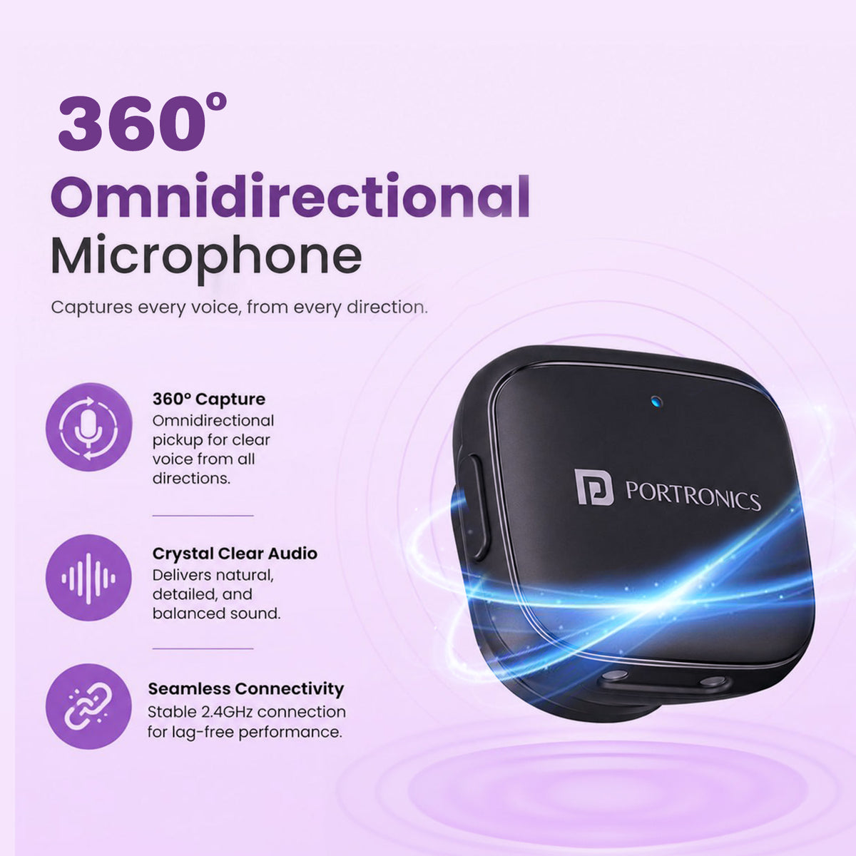 portronics vlogmate c 360 omnidirectional microphone | three hundred sixty degree omnidirectional condenser sensor capturing rich vocal tones from every angle | recording natural balanced dialogue even when speaker turns head during dynamic presentations | omnidirectional wireless lavalier mic for podcast recording and product reviews