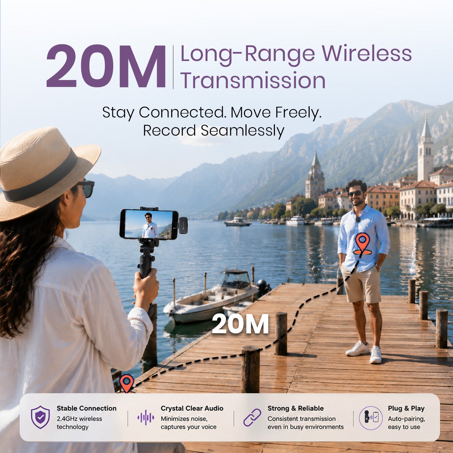 portronics vlogmate c wireless recording microphone | twenty meter stable wireless transmission range powered by anti interference radio frequency technology | filming wide outdoor travel documentaries and scenic walking videos with complete freedom of movement | long range wireless mic for travel vlogging and outdoor recording