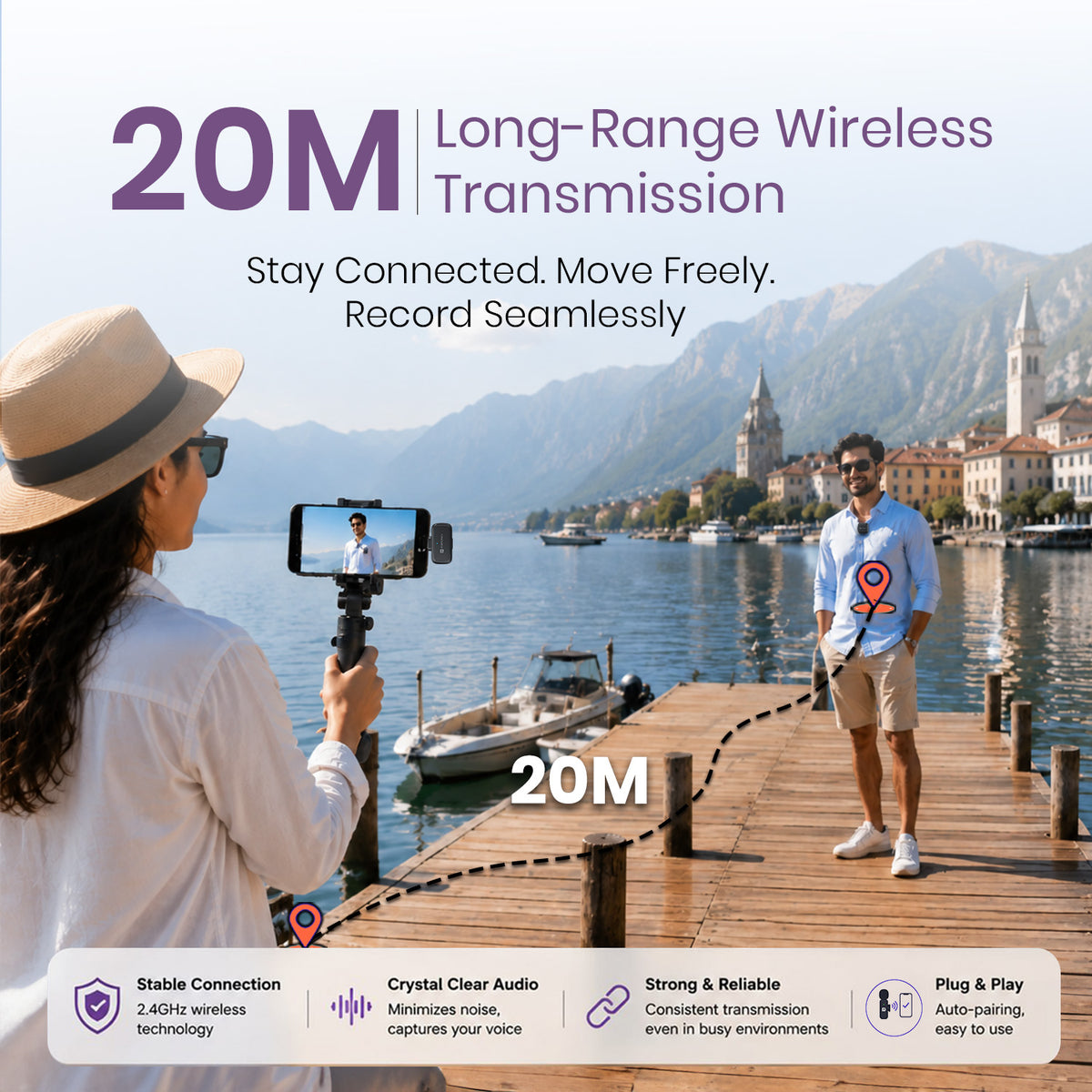 portronics vlogmate c wireless recording microphone | twenty meter stable wireless transmission range powered by anti interference radio frequency technology | filming wide outdoor travel documentaries and scenic walking videos with complete freedom of movement | long range wireless mic for travel vlogging and outdoor recording