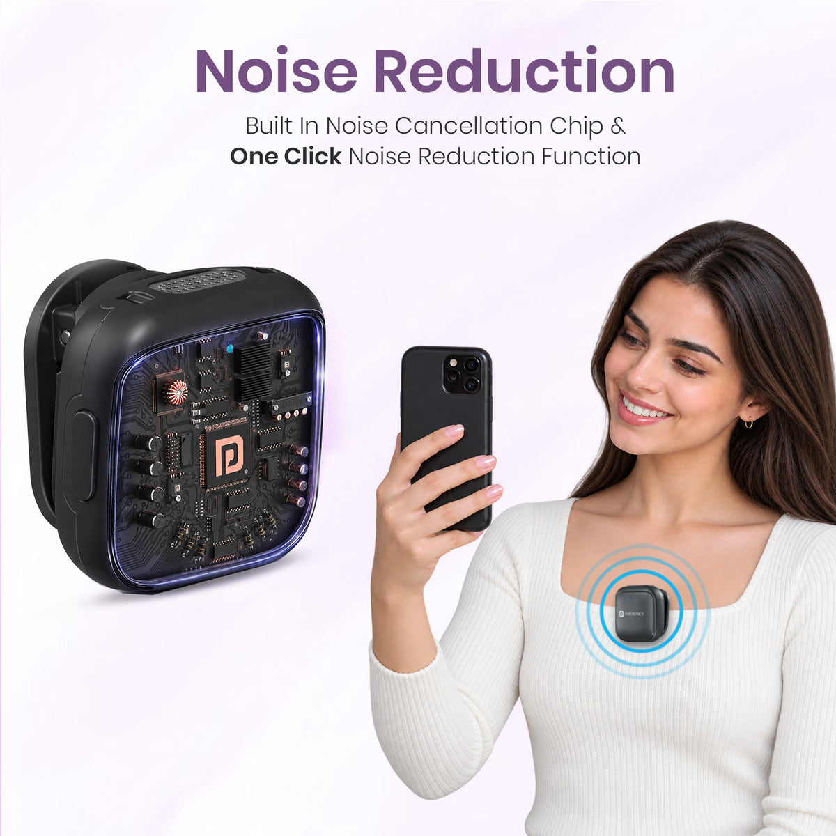 portronics vlogmate c wireless microphone | smart noise reduction chipset with single touch activation filtering ambient acoustic disturbances | suppressing street traffic and background chatter for crystal clear vocal capture | noise cancellation wireless mic for youtube videos and live streaming