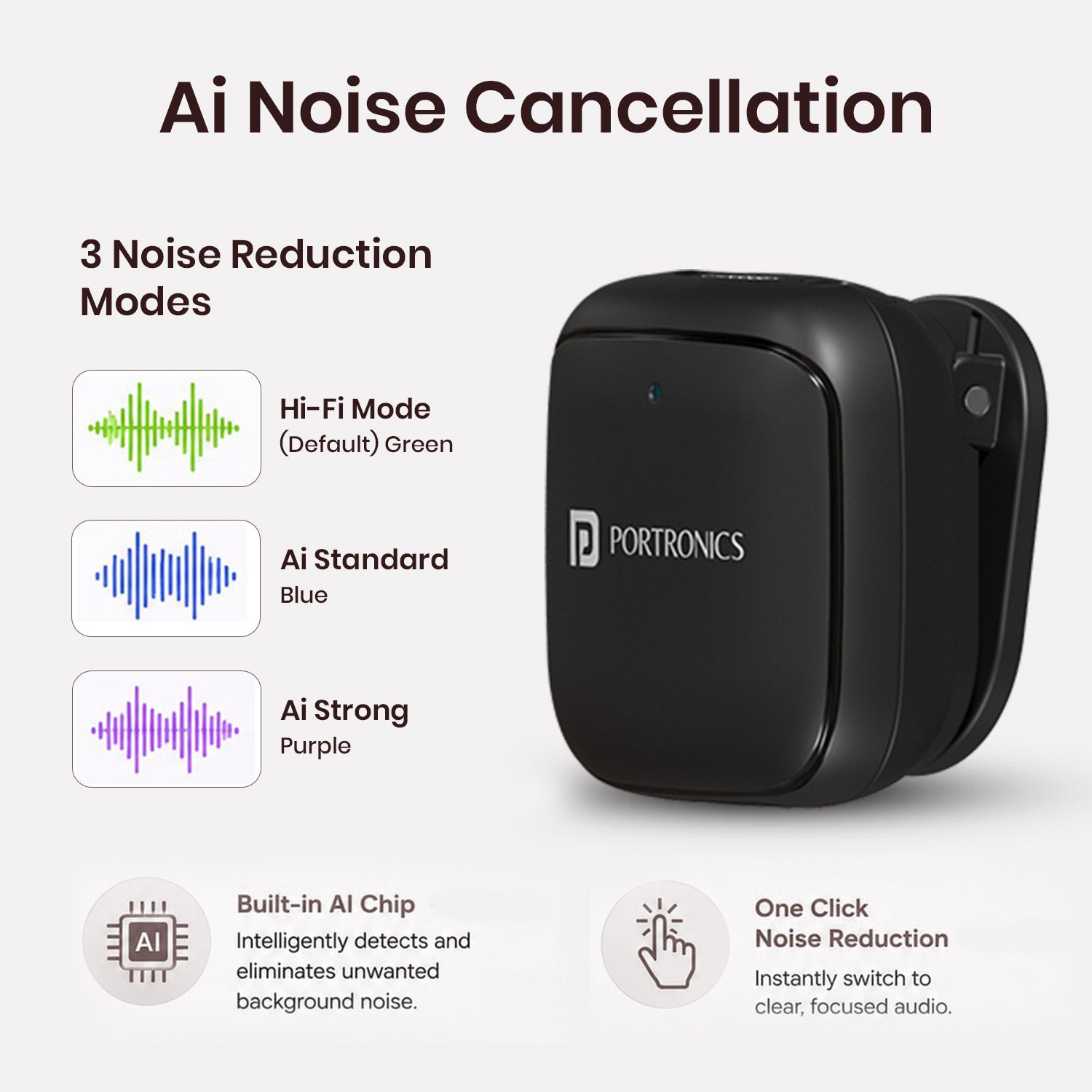 portronics vlogmate ultra ai noise cancellation mic | intelligent acoustic algorithm chip offering three tailored background sound filtration modes with single button activation | eliminating traffic rumble and ambient crowd chatter while preserving natural vocal clarity | smart ai noise reduction clip on microphone for crystal clear voice recording
