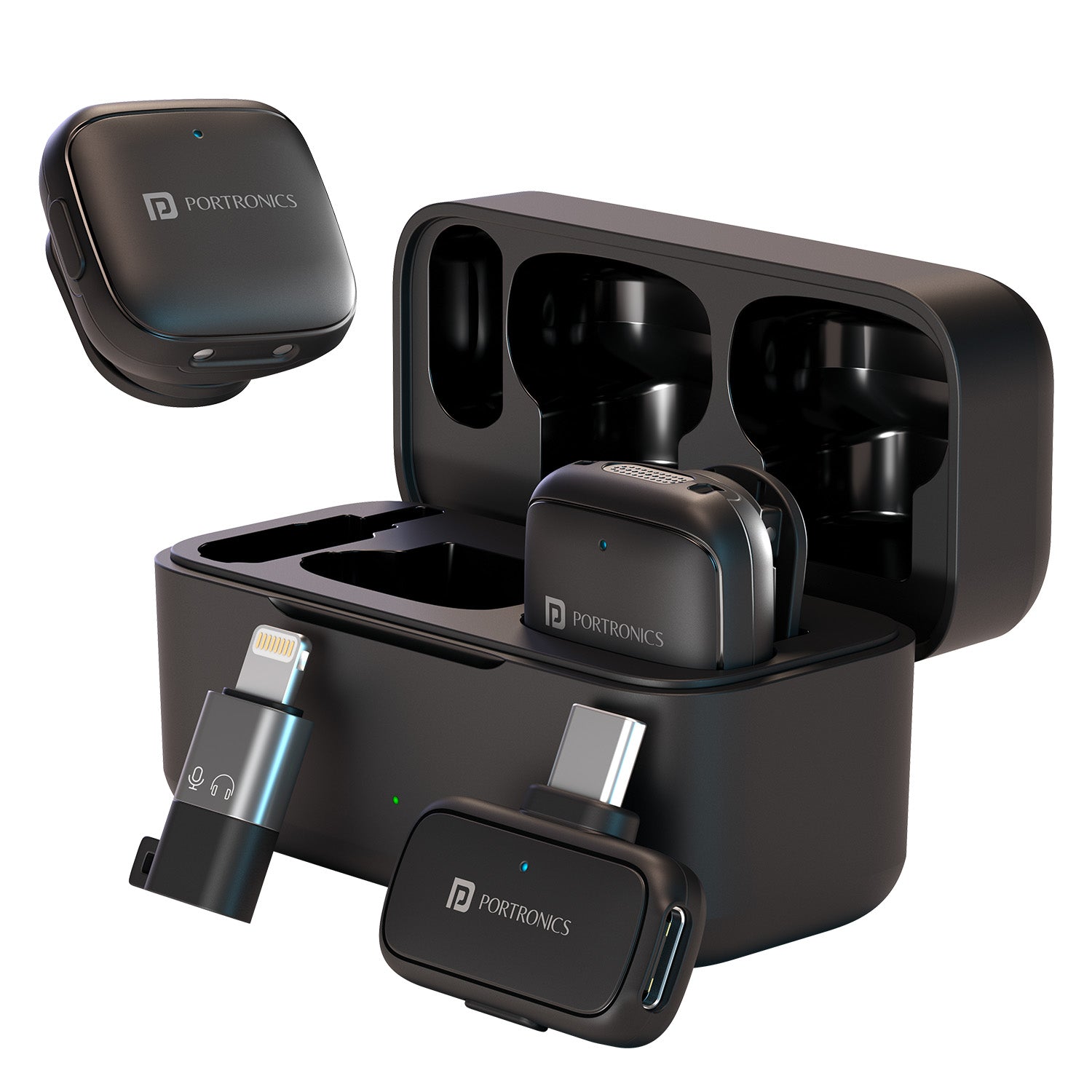 portronics vlogmate ultra dual wireless recording microphone | compact portable battery charging case housing twin transmitters with interchangeable type c and eight pin receiver adapters | storing and powering audio gear during on the go content creation and mobile journalism | best wireless microphone system with charging case for smartphones