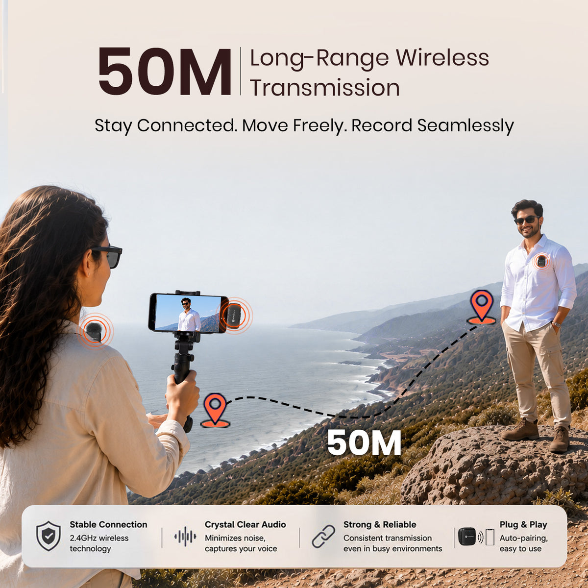 portronics vlogmate ultra 50m wireless microphone | fifty meter long distance wireless transmission utilizing stable anti interference transmission protocols | filming dynamic outdoor travel sequences and wide landscape shots without losing signal connection | long range wireless microphone for outdoor vlogging and documentary filmmaking