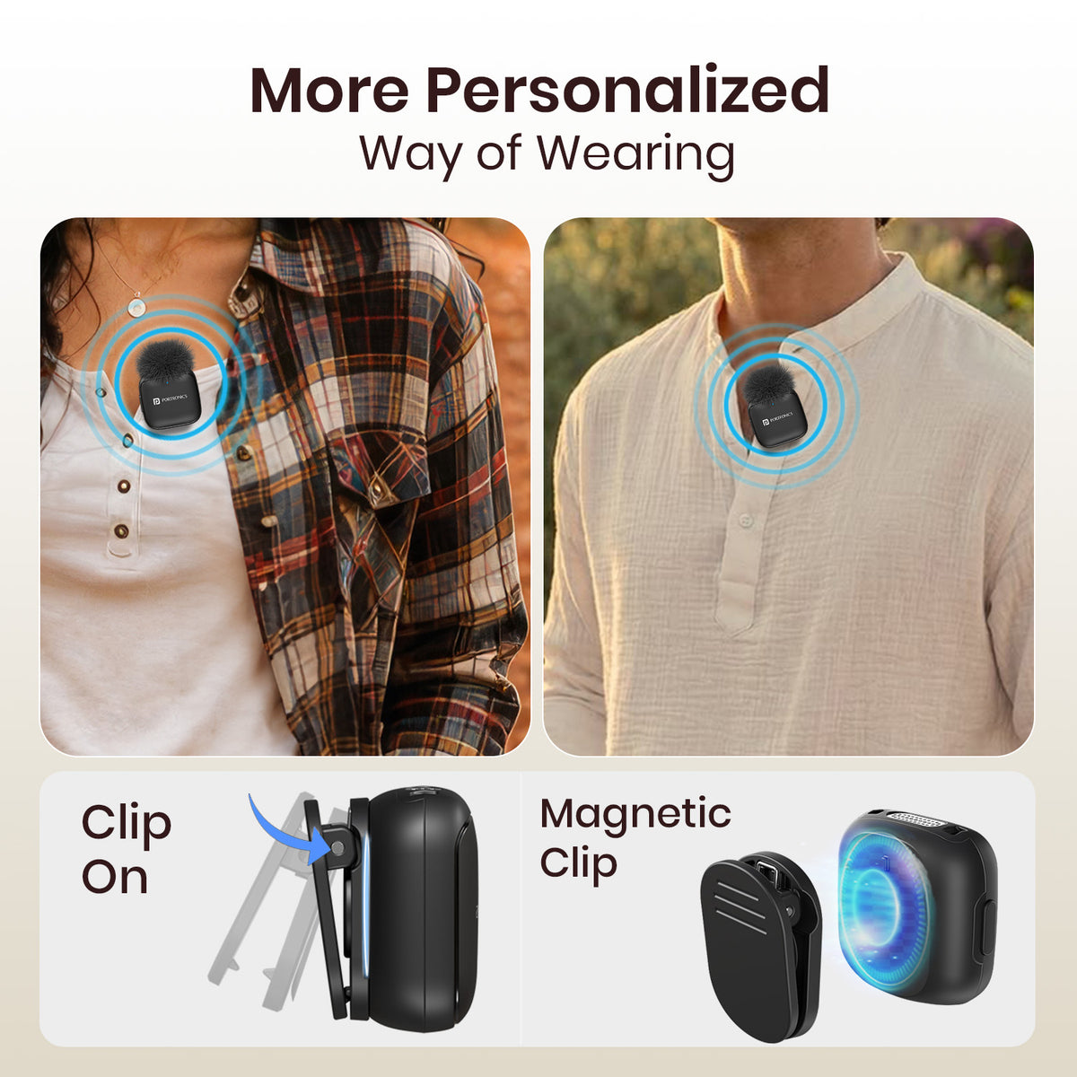 portronics vlogmate ultra collar mic | versatile dual attachment mechanism featuring clothing clamp and hidden magnetic snap mount | securing mini audio transmitter discreetly onto shirts lapels and jackets without stretching fabric | magnetic clip on microphone for hands free video recording