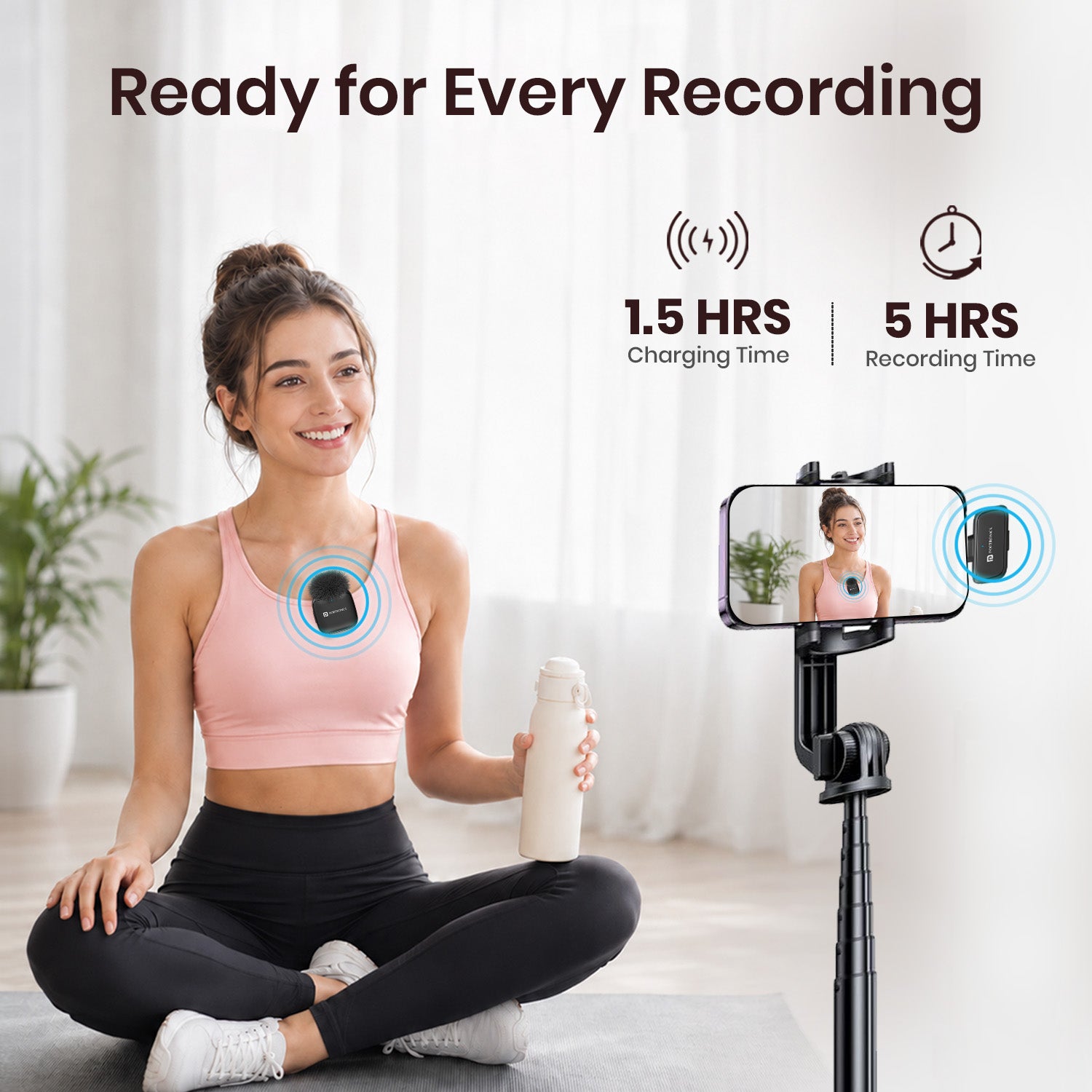 portronics vlogmate ultra portable wireless mic | energy efficient battery management delivering five hours of continuous operation from ninety minutes of charging | capturing uninterrupted workout routines online yoga classes and energetic fitness video tutorials | rechargeable wireless lavalier mic with long battery life for content creators