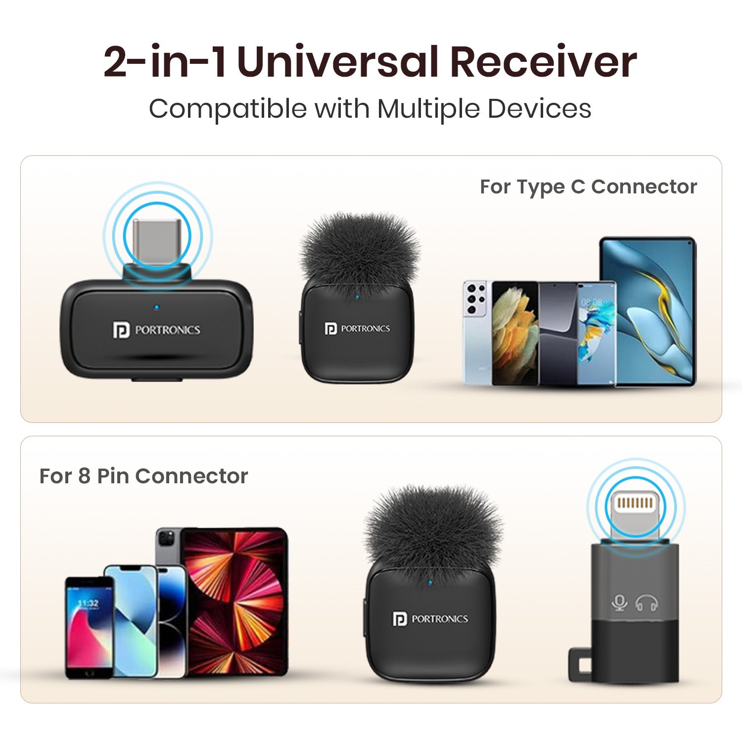 portronics vlogmate ultra type c wireless mic | dual interface universal receiver compatible with modern android devices and eight pin phones without external adapters | recording clear audio across multiple mobile operating systems during multi device shoots | universal wireless mic for iphone and android smartphones