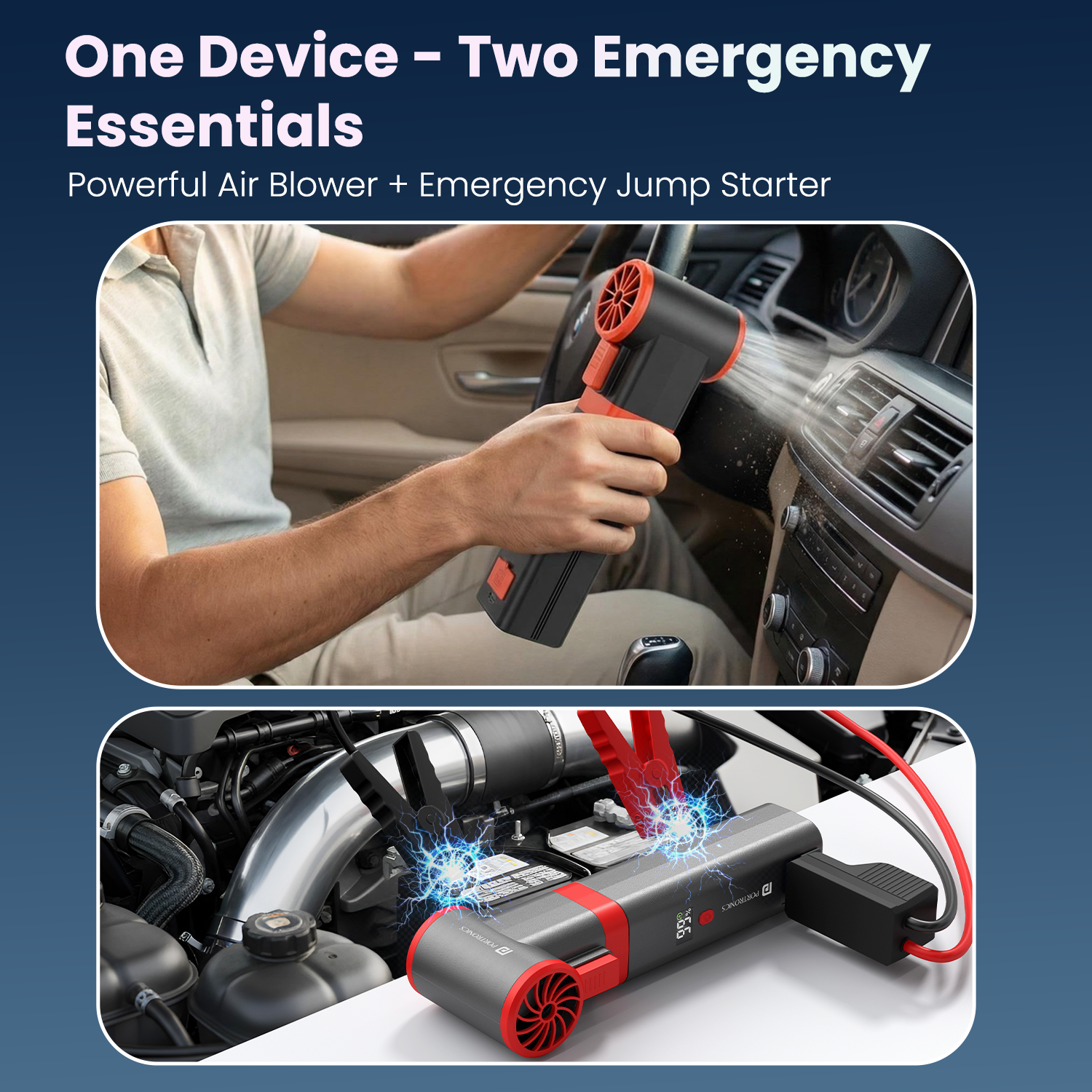 portronics volt blast one device with air blower and jump starter dual function | 2-in-1 portable jump starter and high-speed air blower for roadside emergencies | car emergency tool combining 12v jump starter and electric air duster | best 2-in-1 car emergency companion with jump starter and blower
