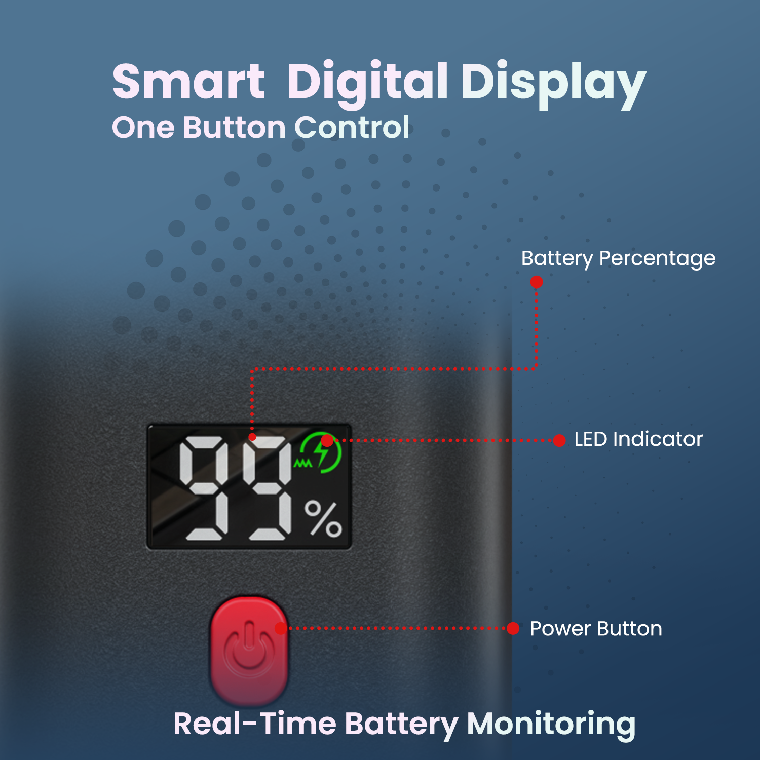 portronics volt blast smart digital display with real-time battery monitoring | one-button control air blower with digital battery percentage indicator | portable jump starter with led digital display for battery level tracking | car emergency tool with smart digital display and usb-c recharging